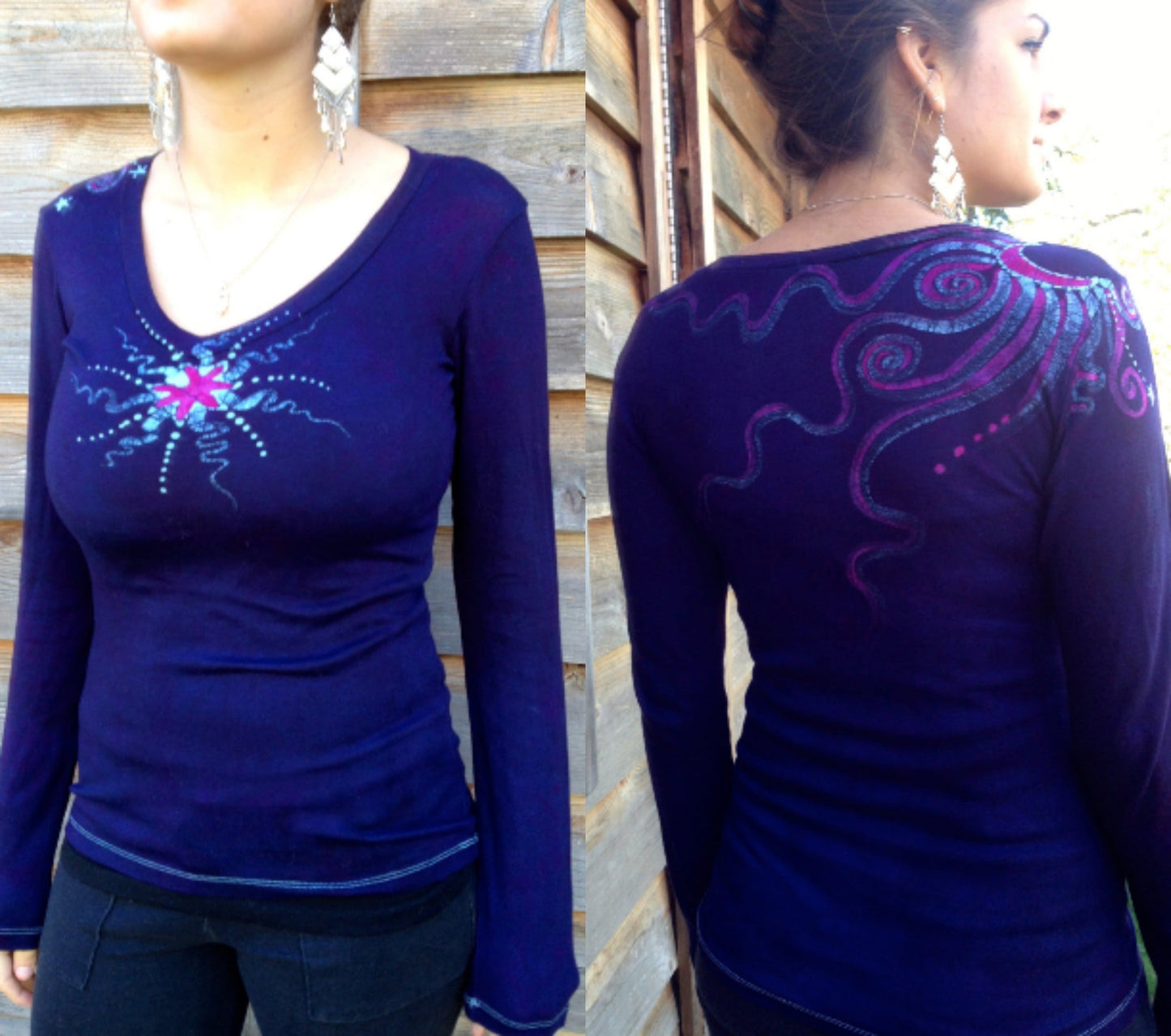 Purple Moonbeams Red Raglan Long Sleeve Batik Top by Batikwalla Batikwalla