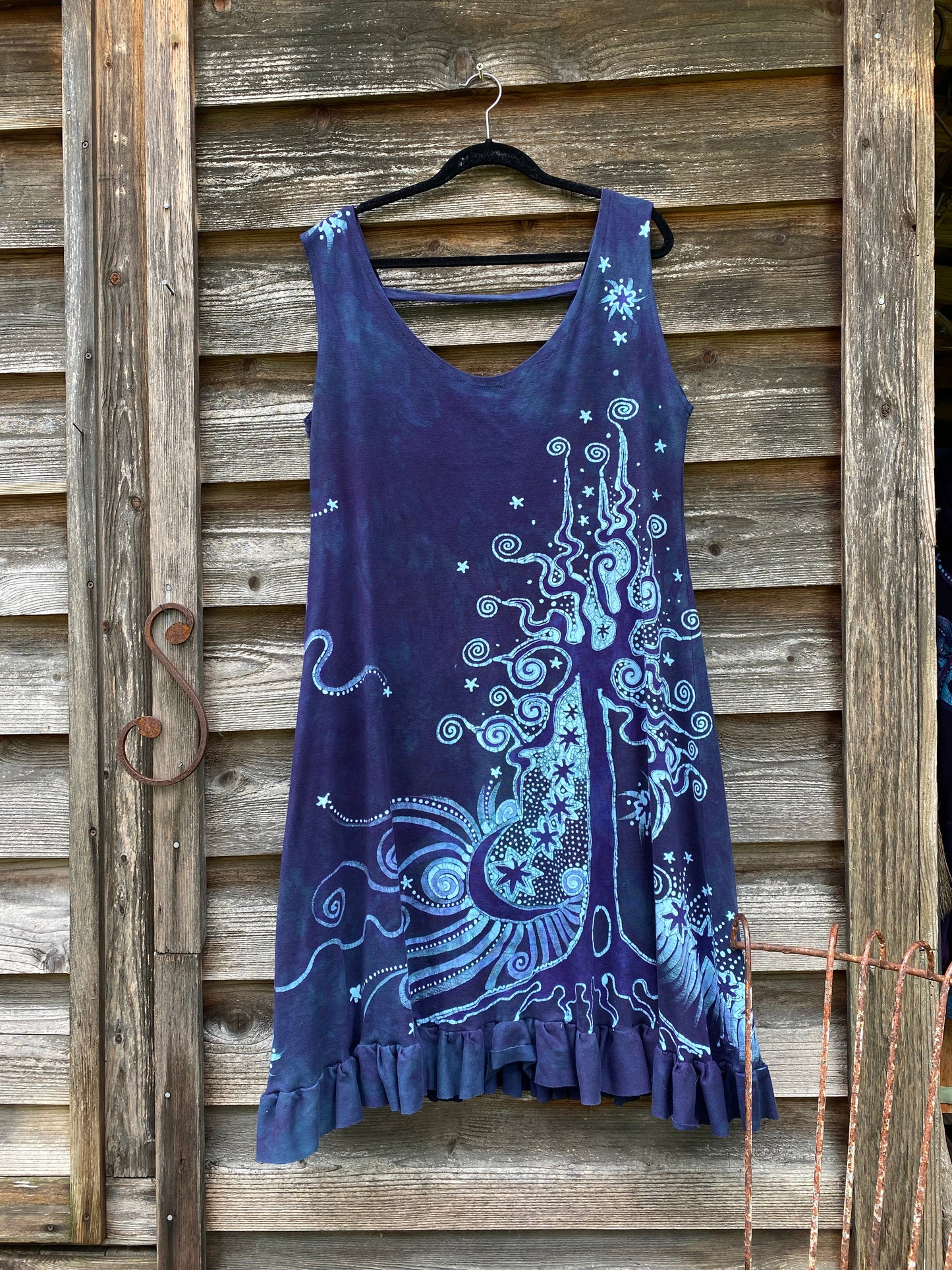 Teal and Purple Tree in the Forest Organic Cotton Batik Dress Batik Dresses Batikwalla