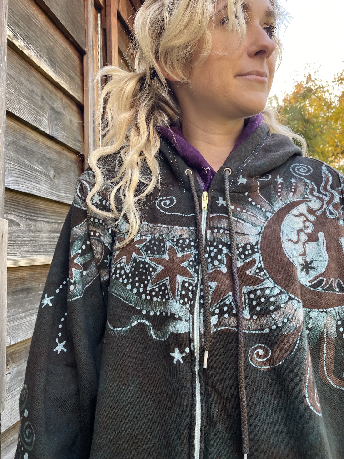 Desert Sage Moonlight Guides Us To The Forest Organic Cotton Batik Hoodie hoodie batikwalla