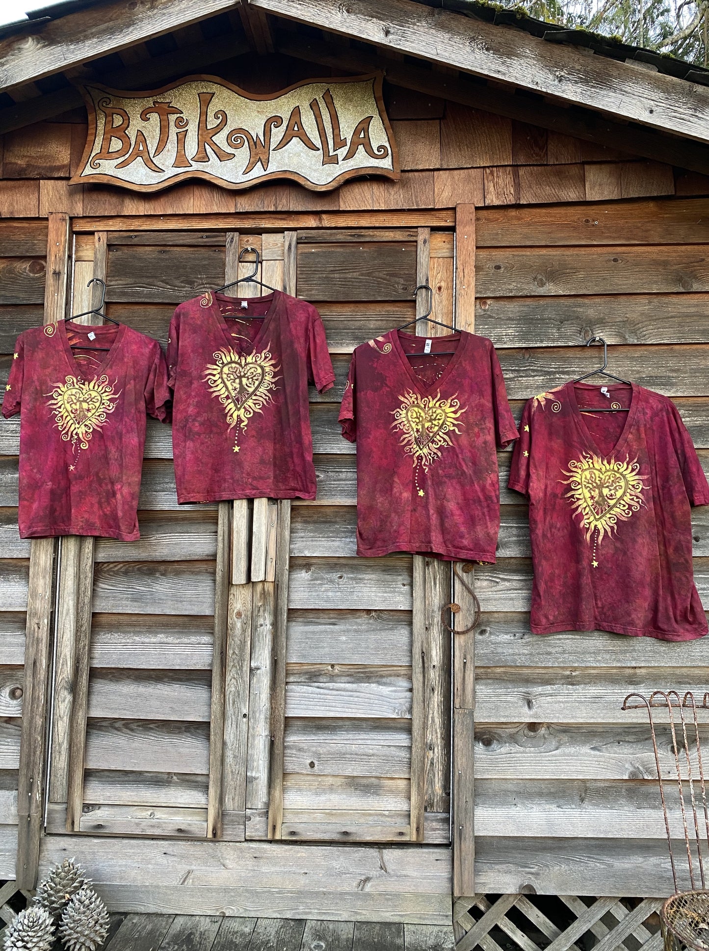 Earth Sun Heart Tree - Hand Crafted Batik Vneck Tee Batikwalla by Victoria