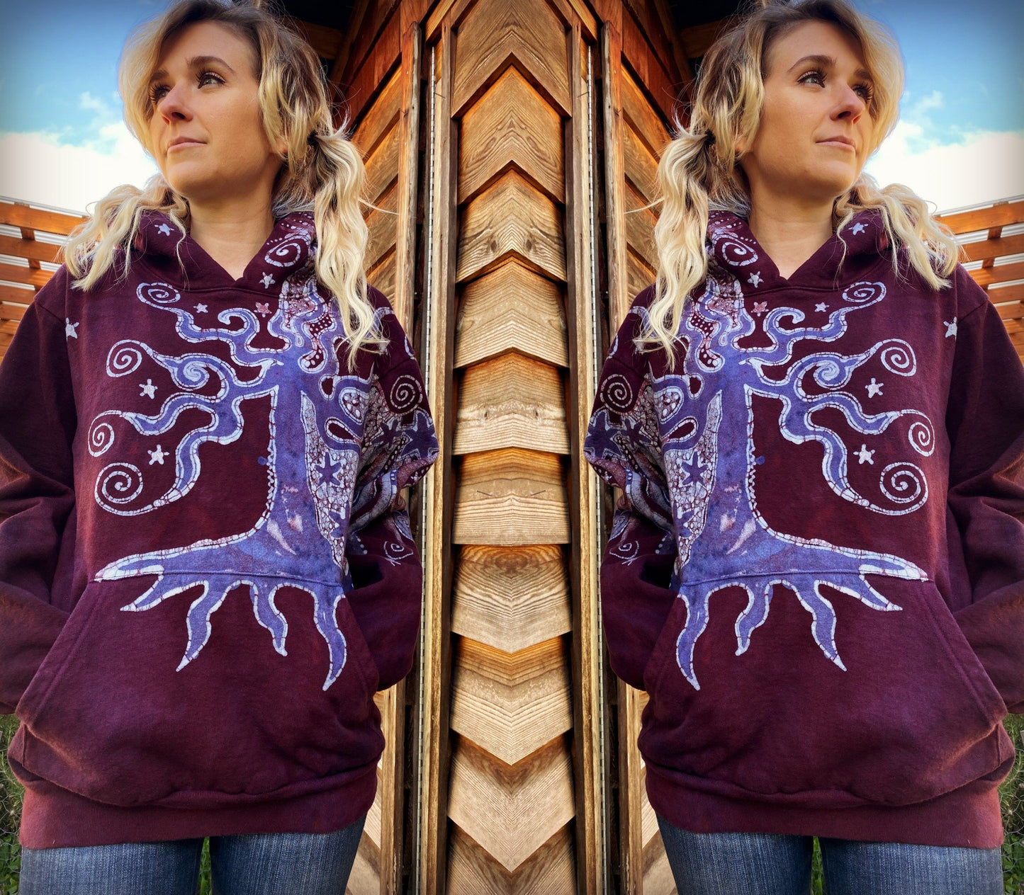 Tree Moon Magic All Around Me in Burgundy Purple Pullover Hoodie - Handcrafted Batik - Size SMALL hoodie batikwalla