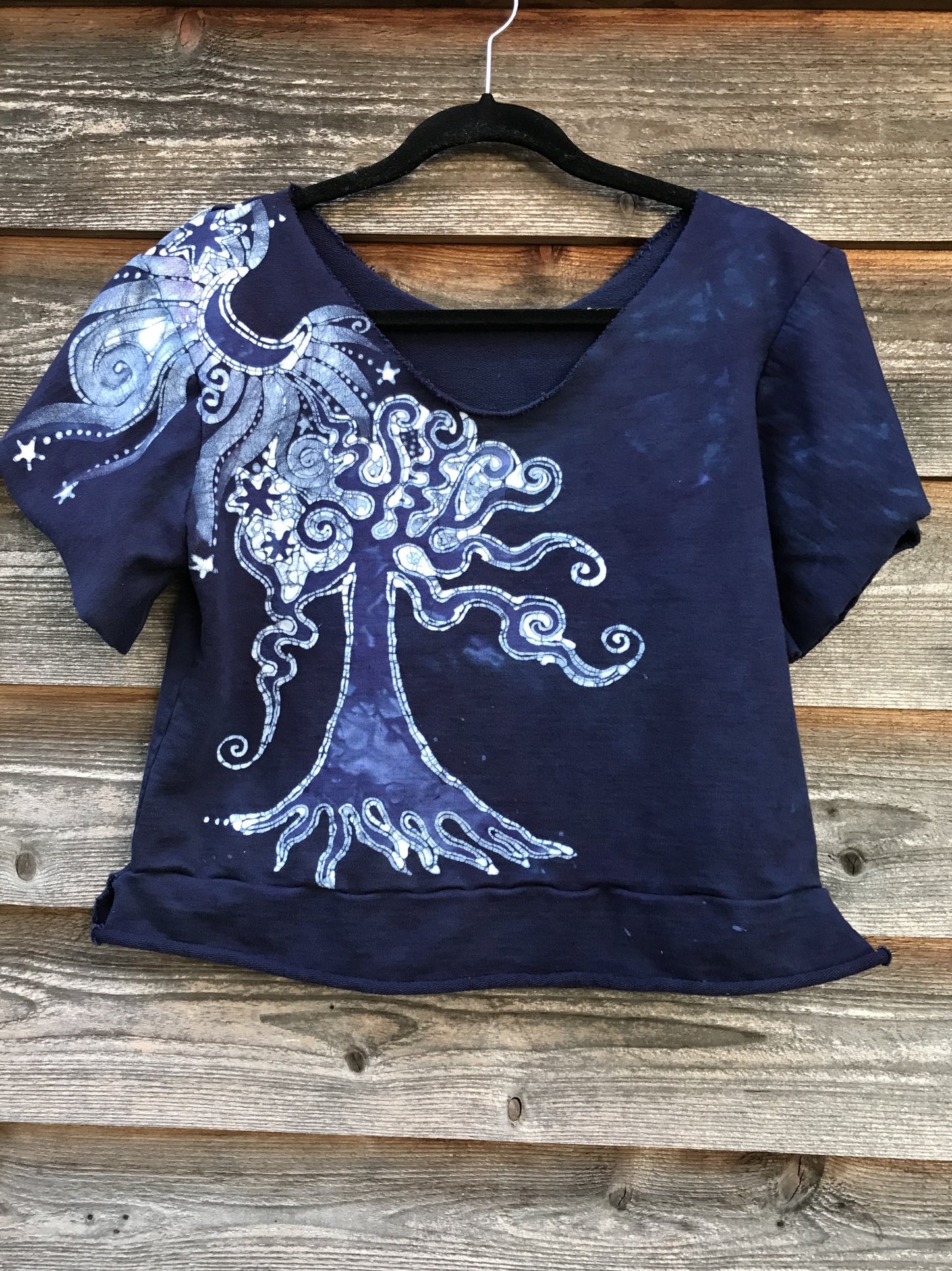 Midnight Blue Moon & Tree Organic Cotton Handmade Batik Top Medium/Large Batik Dresses Batikwalla
