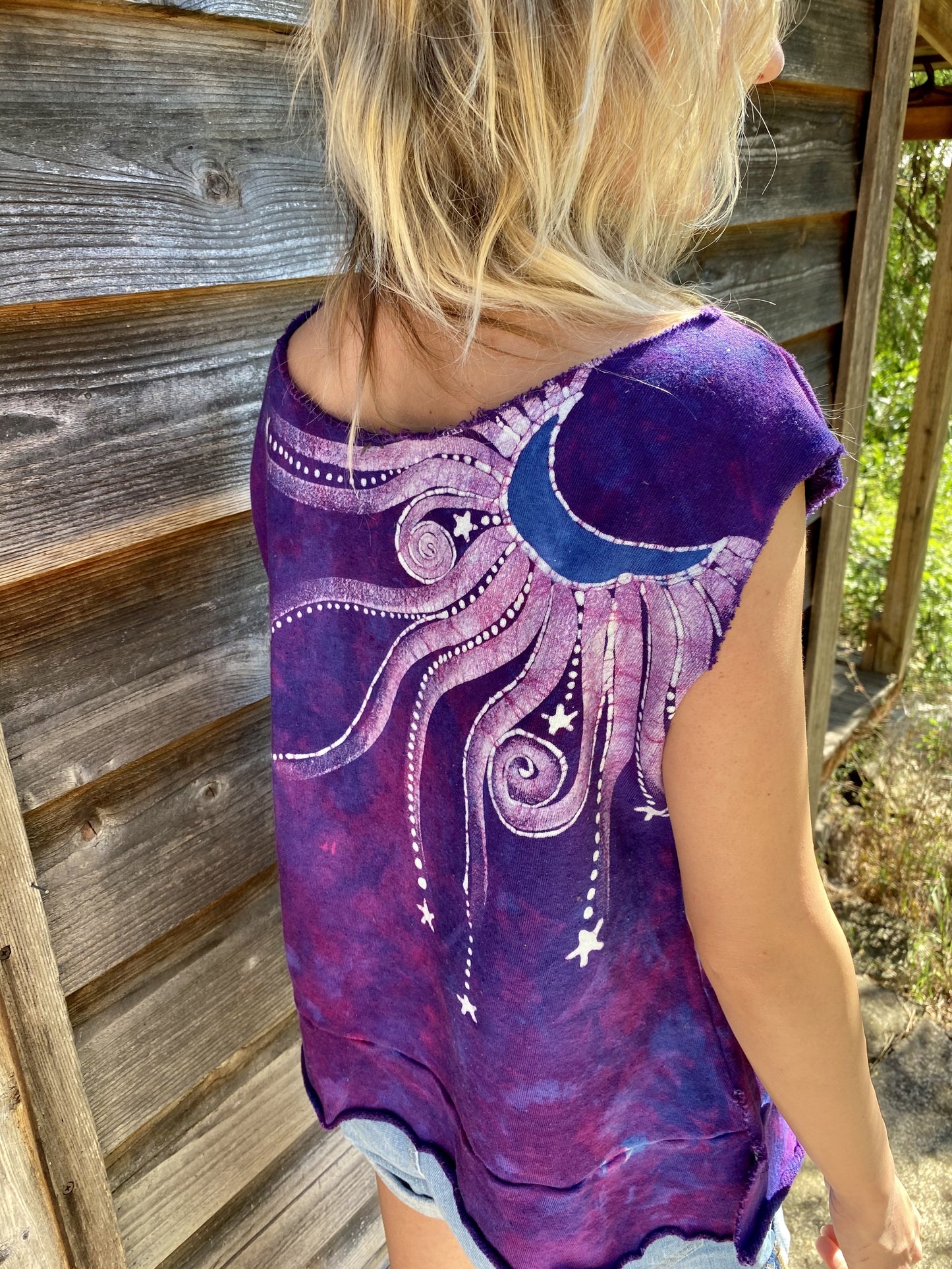 Magenta Moonbeams Organic Cotton Handmade Batik Top - Size XL Batik Dresses Batikwalla