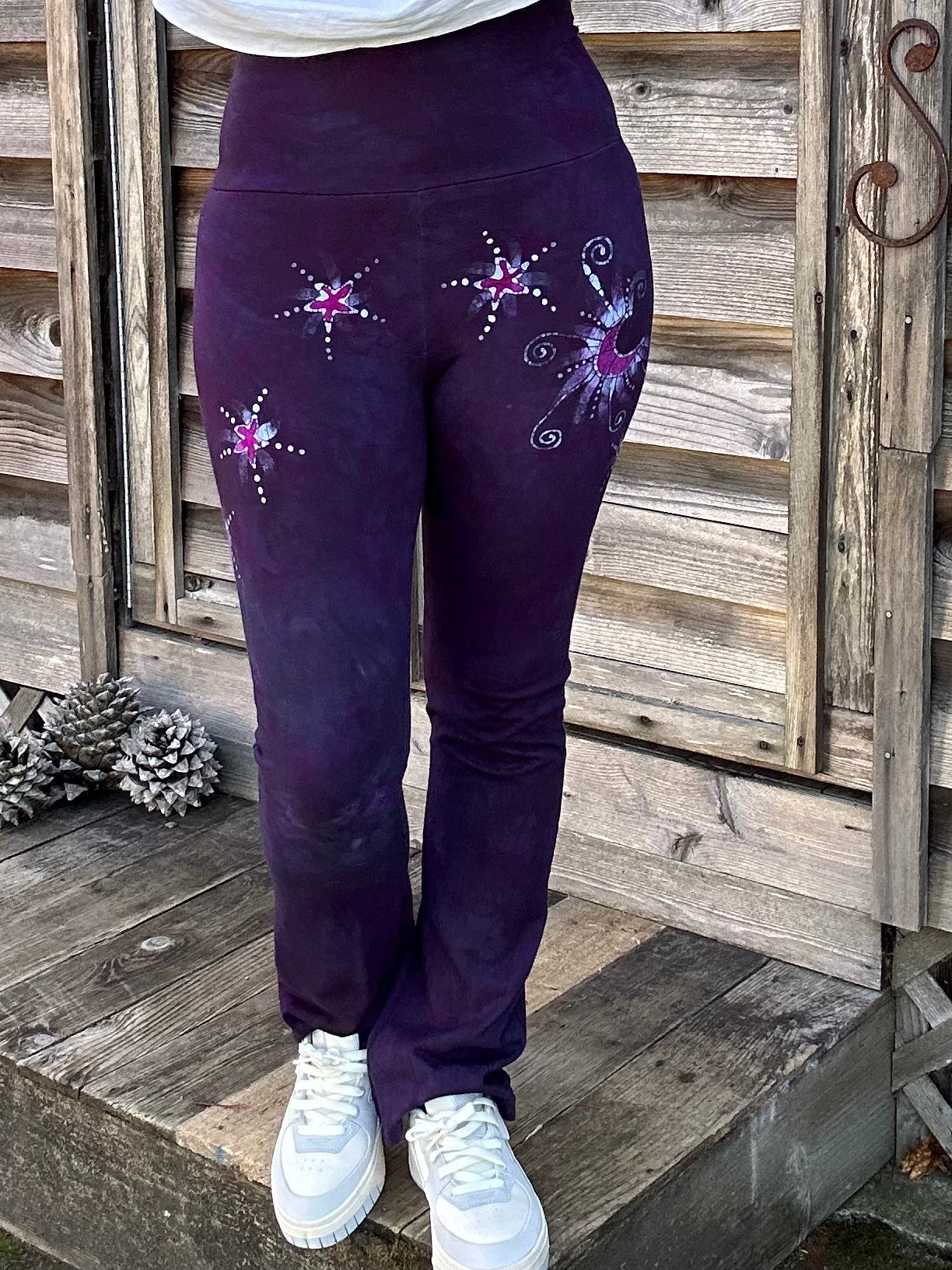 Purple Passion Moonflower Stars Stretchy Yoga Pants - Size XS (long legs) batikwalla XS