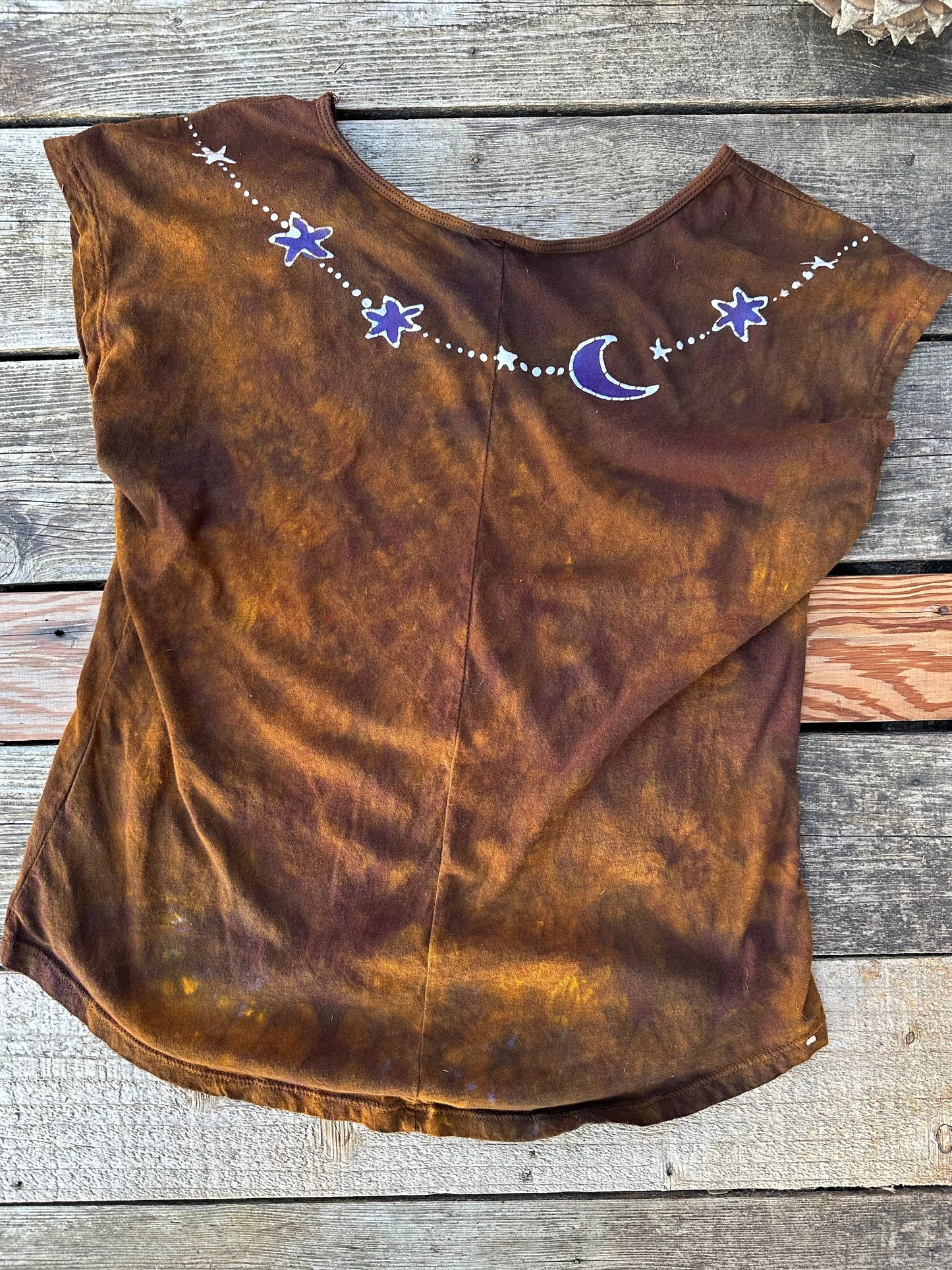 Dark Gold and Purple Moonbeams Handmade Batik Scoop Neck Tshirt Tops batikwalla