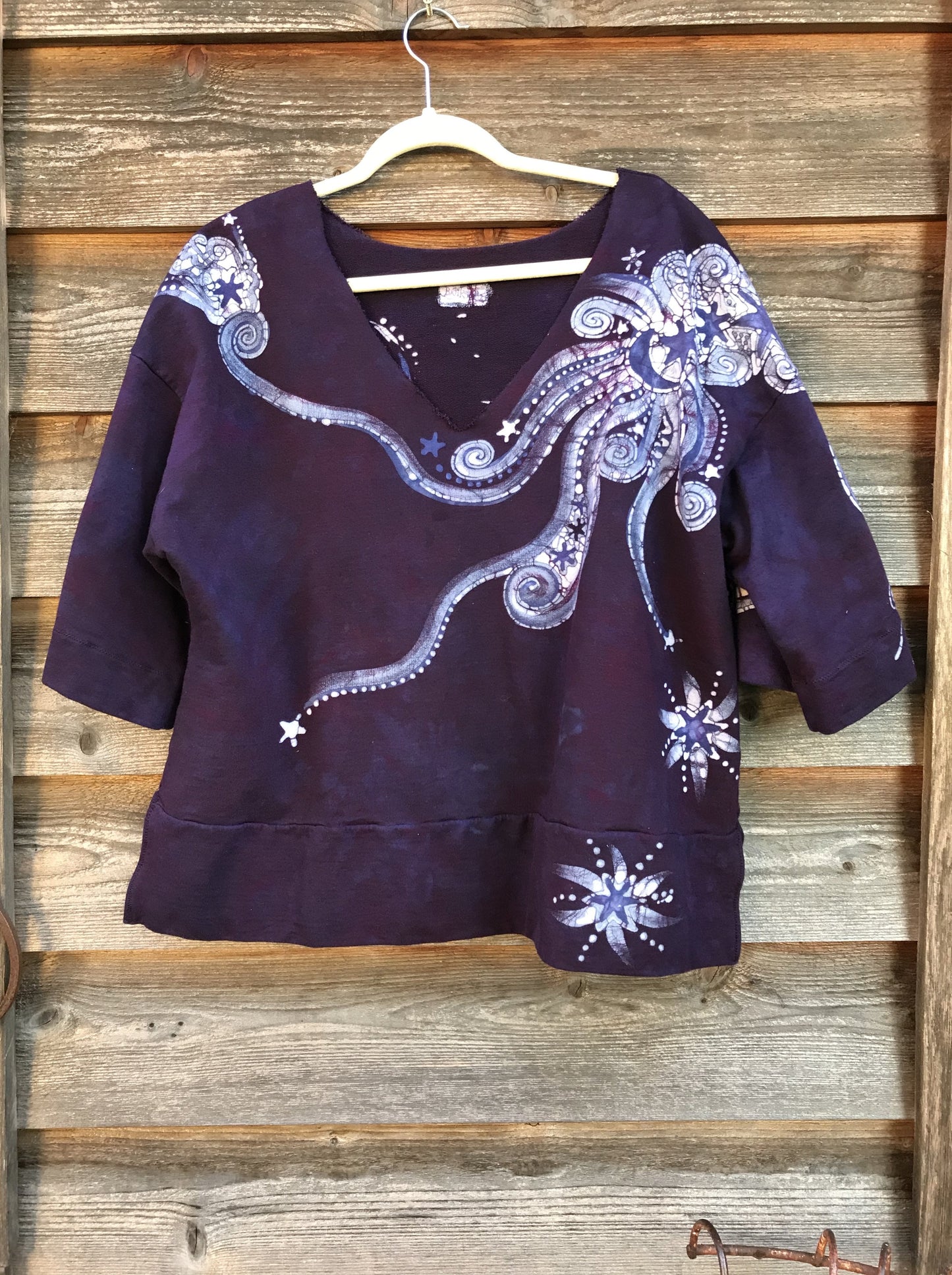 Plum Moon Deep Vneck Organic Cotton Handmade Batik Top, Size XL + Batik Dresses Batikwalla
