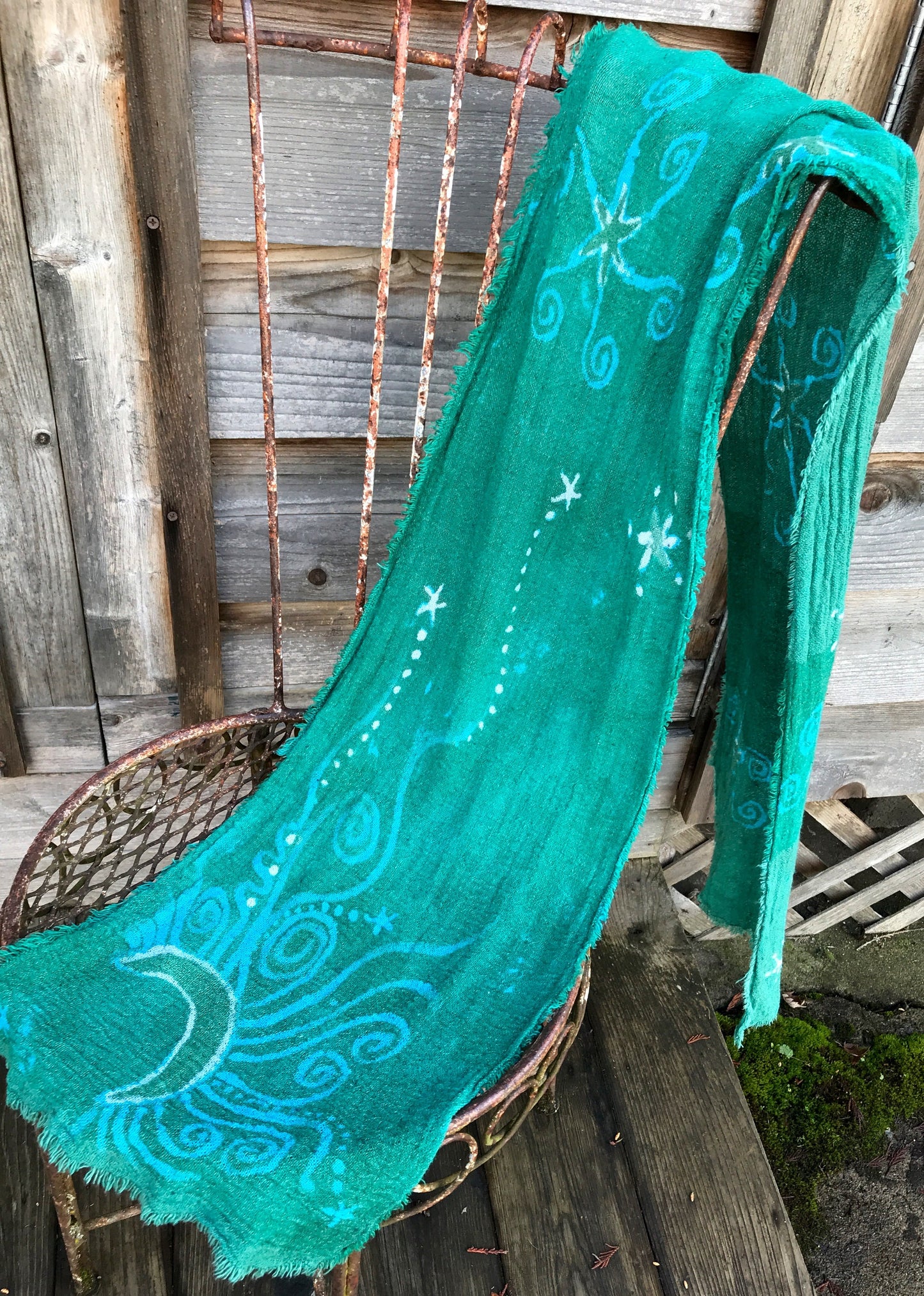 Midday Moon In A Springtime Meadow Handmade Batik Scarf in Organic Cotton