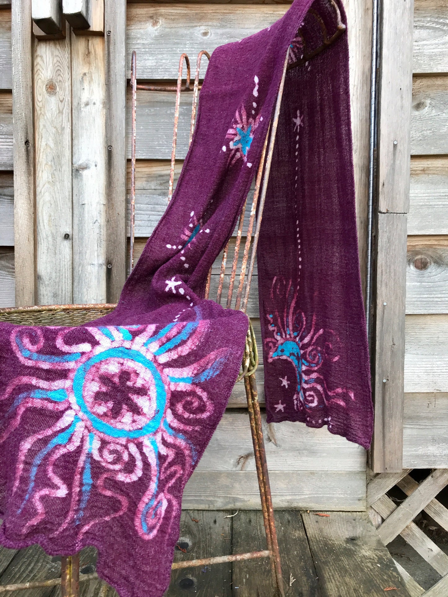 Berry Red & Turquoise Sunburst Handmade Batik Scarf in Organic Cotton - Long