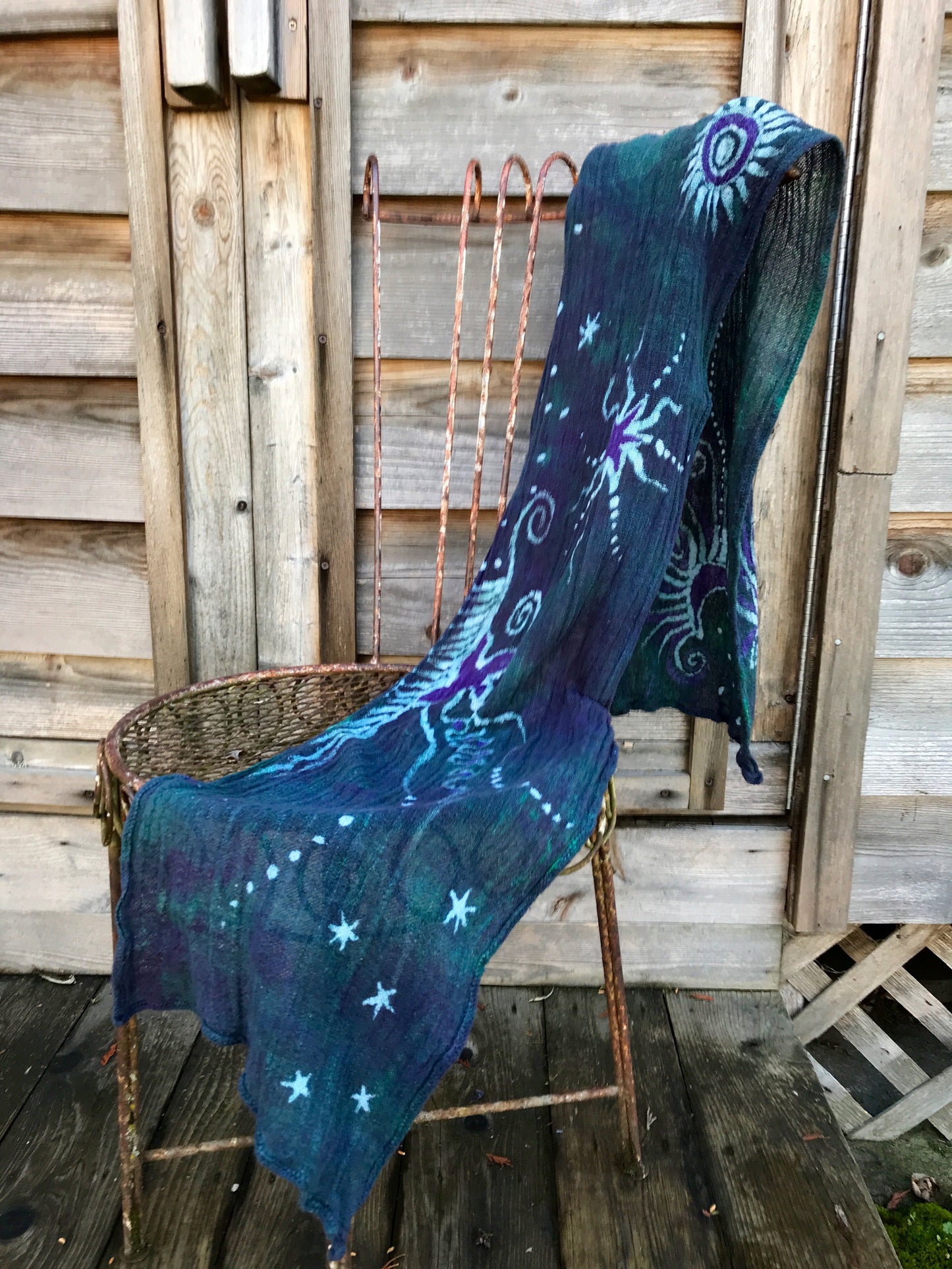 Teal and Purple Handmade Batik Scarf in Organic Cotton - Longer Length