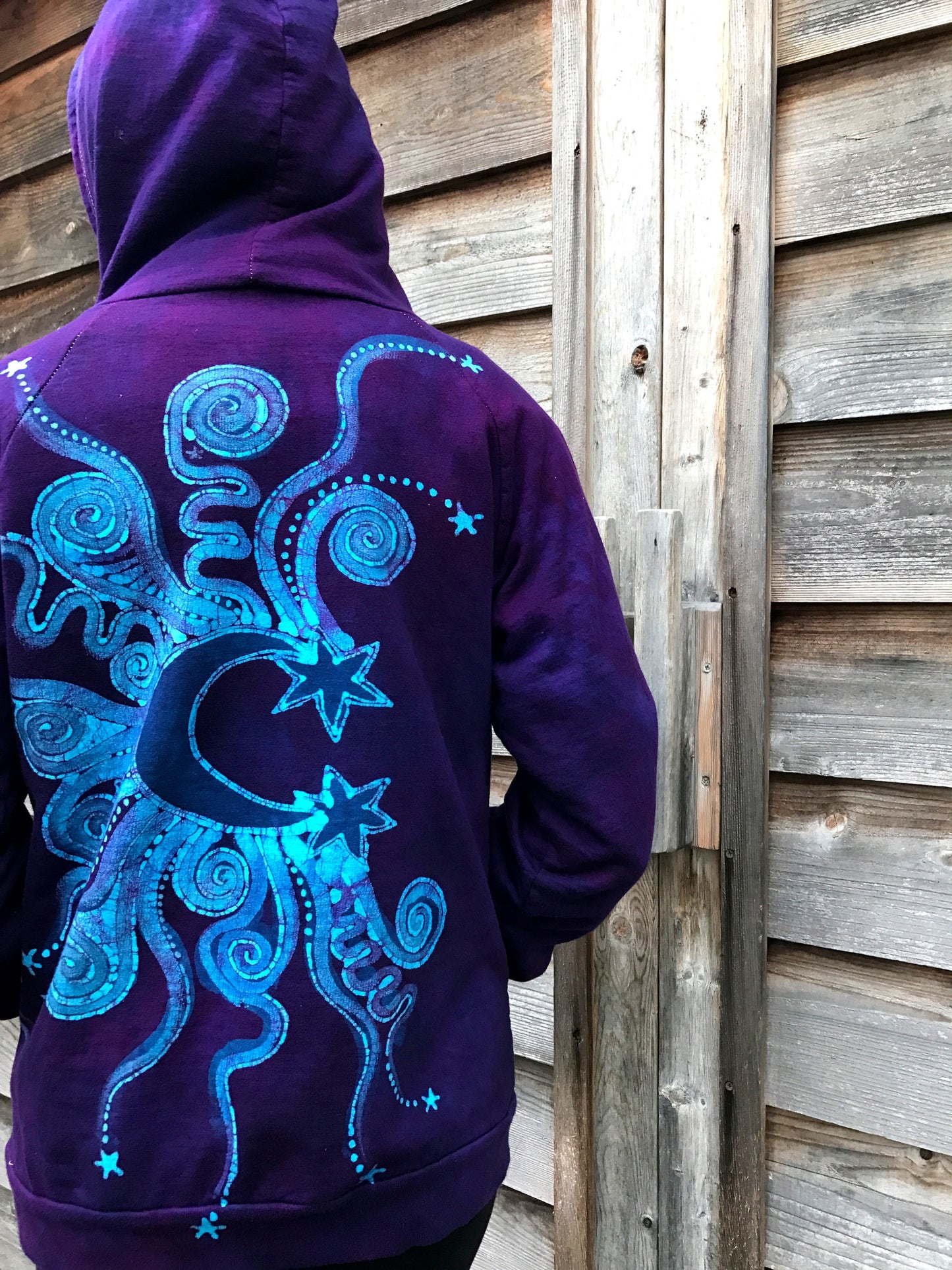 Owls In A Purple Tree Organic Cotton Batik Hoodie