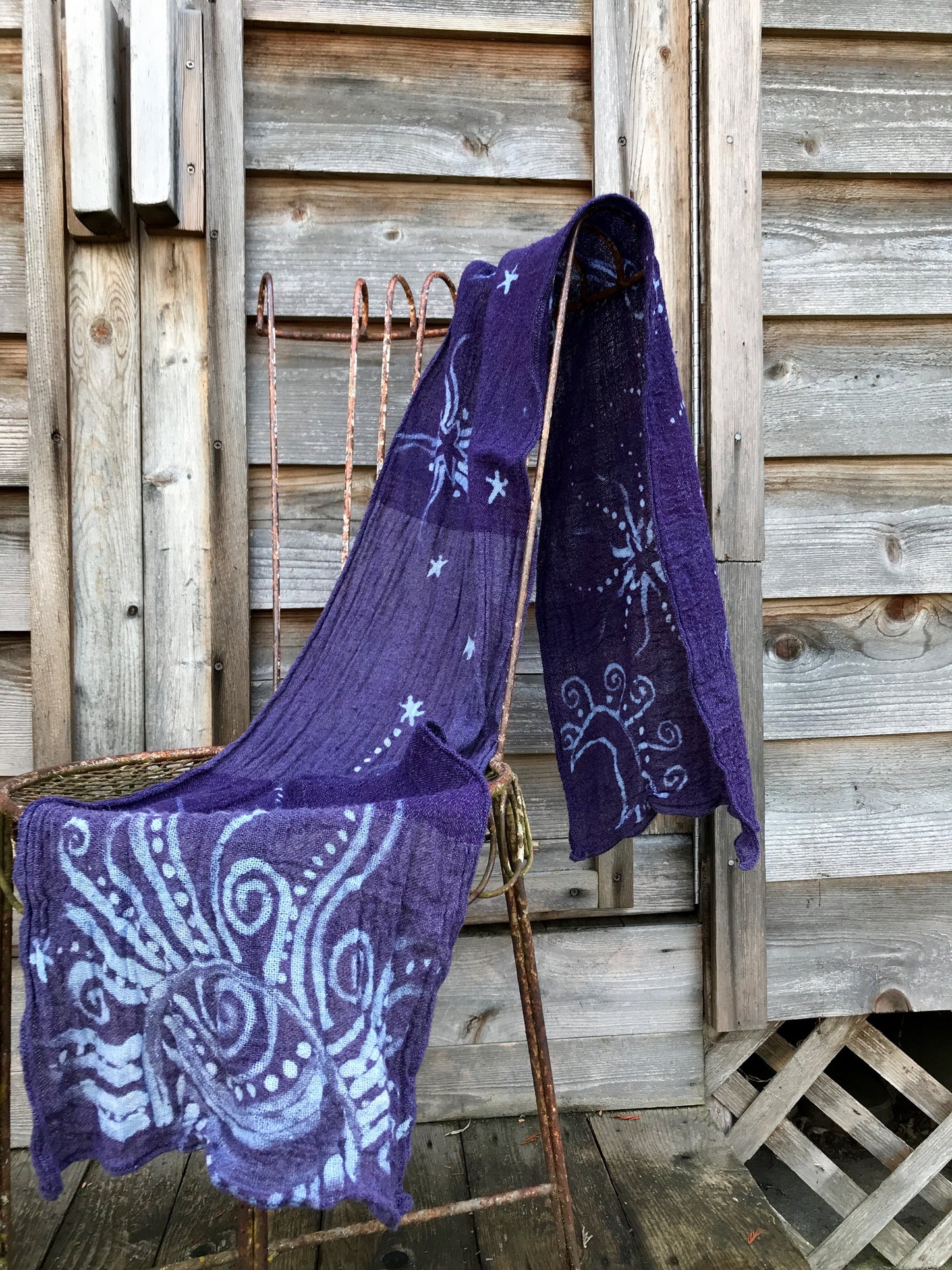 Purple Star Party Handmade Batik Scarf in Organic Cotton - Longer Length