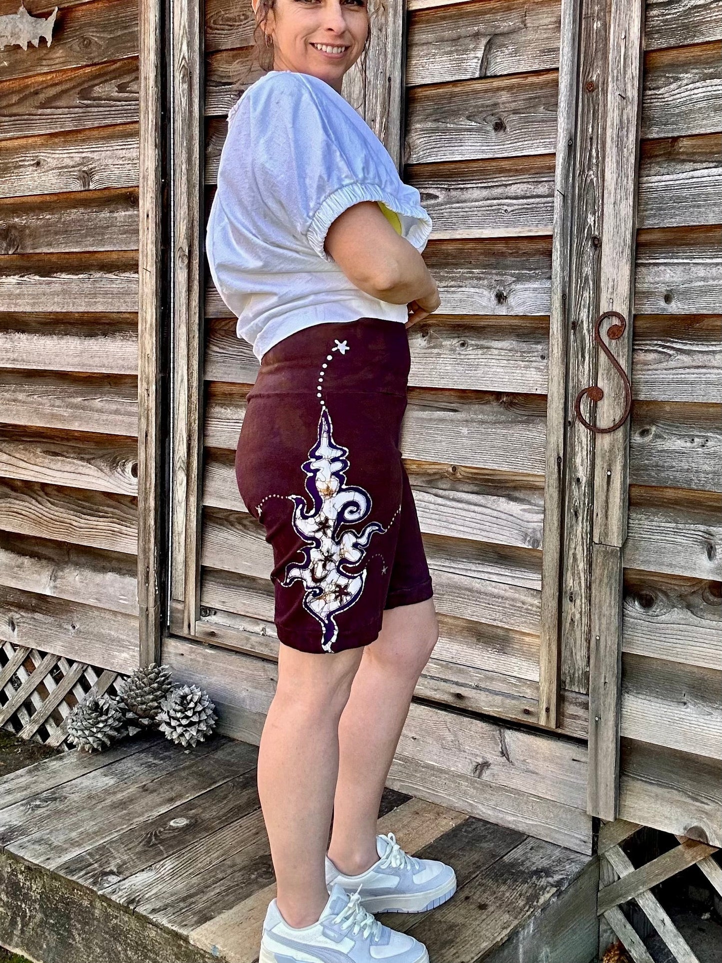 Earthy Purple Batik Flame Biker Shorts Batikwalla by Victoria