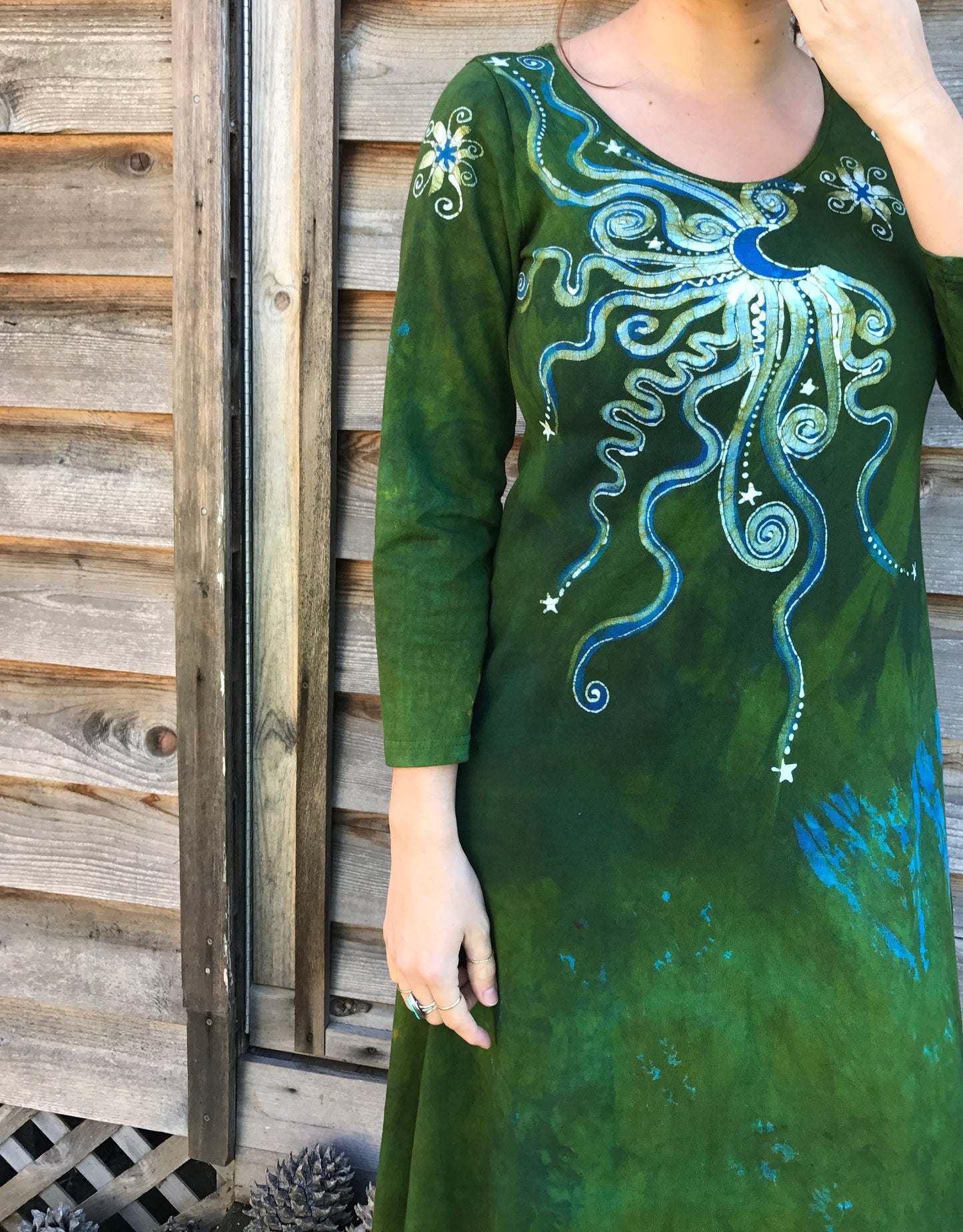 Dancing Green Moonbeams Long Sleeve Batik Dress