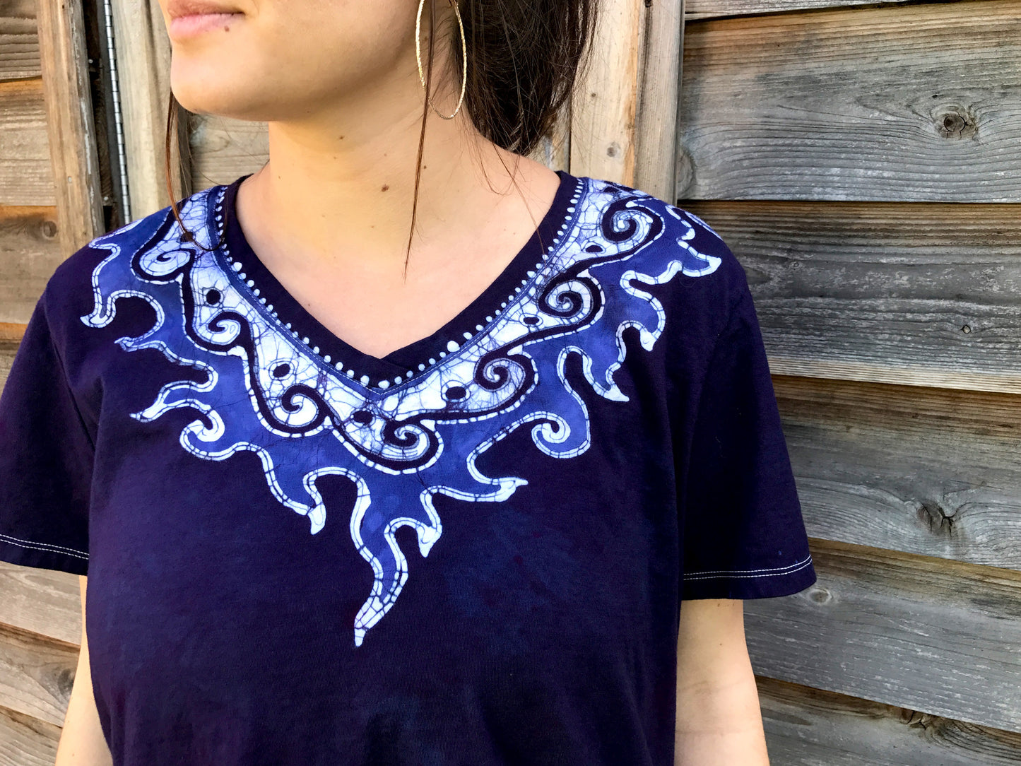 Navy Blue Necklace Handmade Batik Tee - Plus Size - 2X