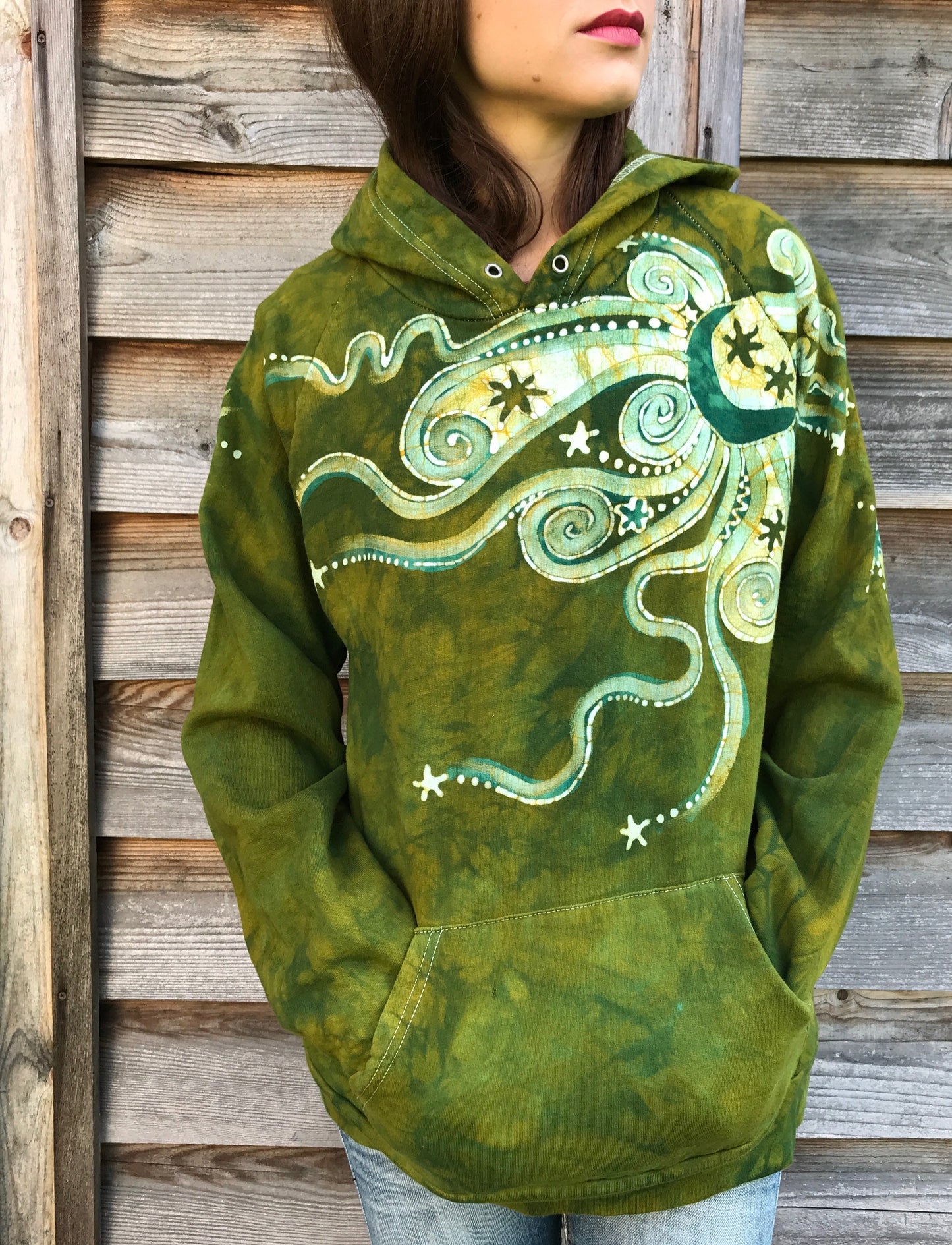 Dancing Green Moonbeam Meadow - Organic Cotton Batikwalla Hoodie