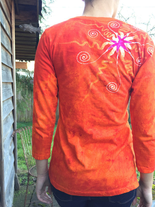 Brilliant Orange Moon Star Handmade Batik Vneck Tee - Batikwalla
- 4