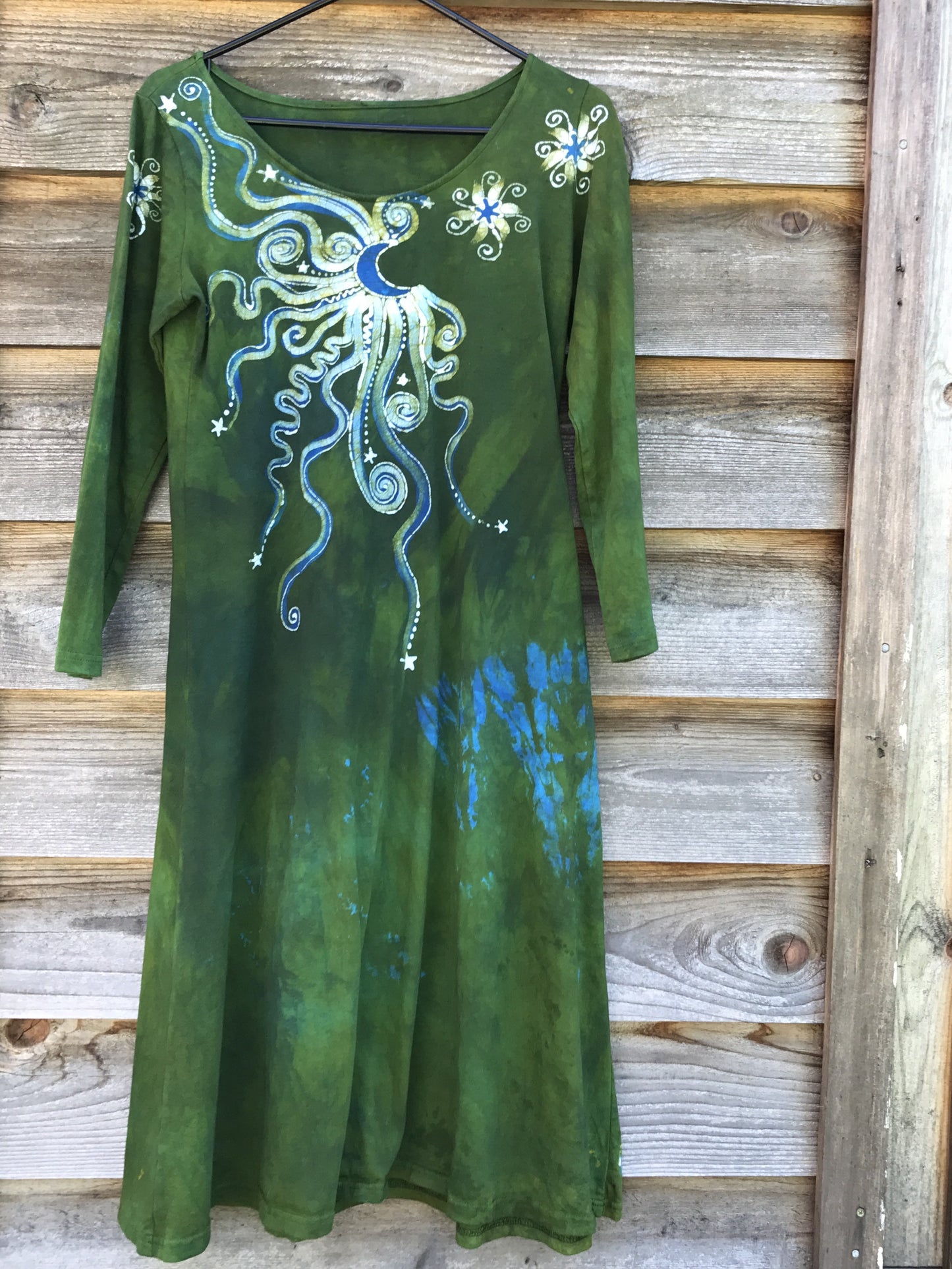Dancing Green Moonbeams Long Sleeve Batik Dress