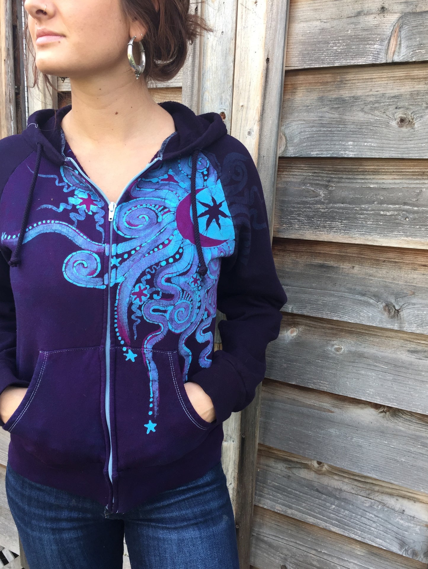 Deep Blue and Purple Moon Star Handmade Batik Hoodie - Batikwalla
- 1