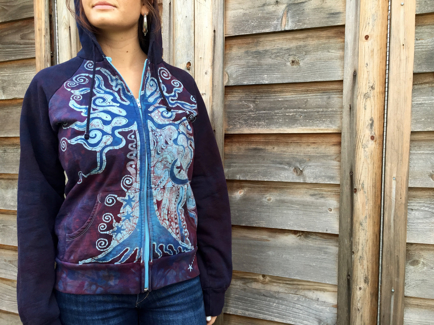 Burgundy Blue Tree of Life Handmade Batik Hoodie - Women's Size Large - Batikwalla
- 2