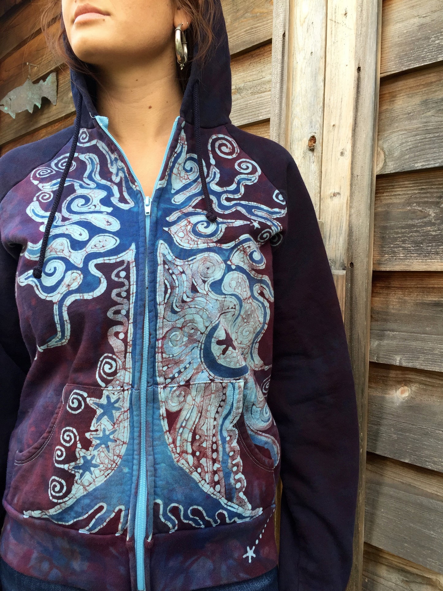 Burgundy Blue Tree of Life Handmade Batik Hoodie - Women's Size Large - Batikwalla
- 1