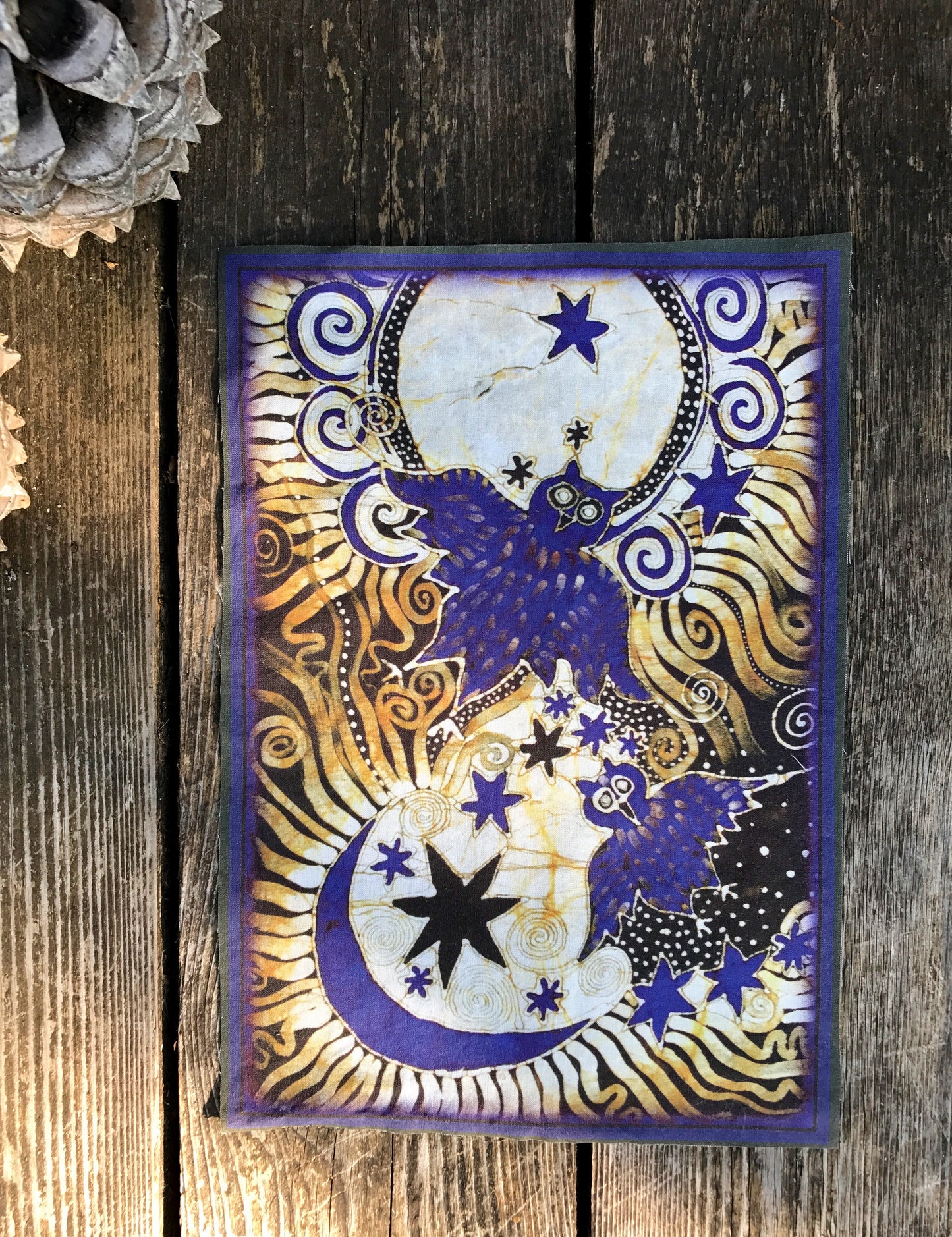 Owl Sun Moon Batik Fabric Print Patch