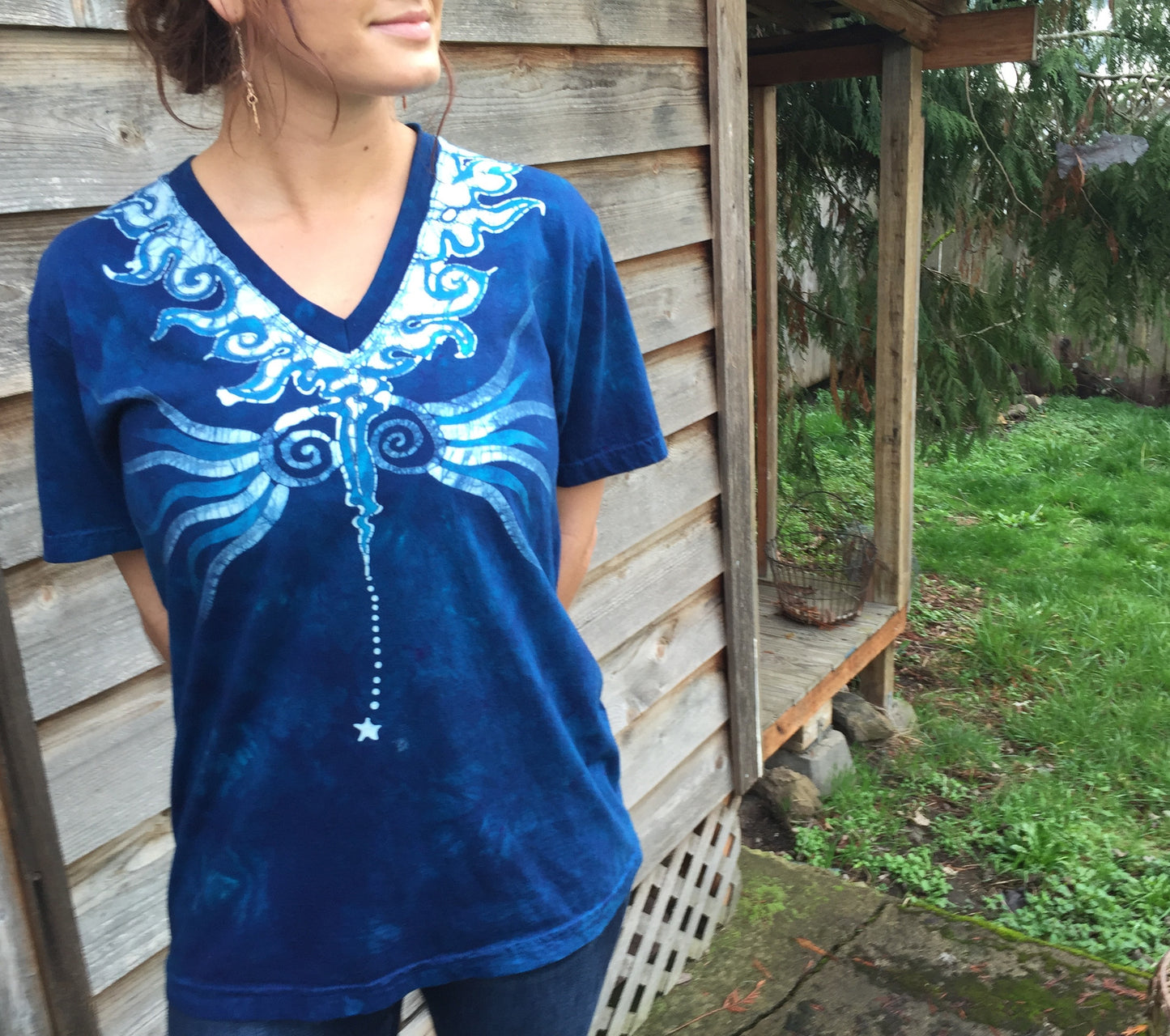 Blue Angel Batik Organic Cotton Vneck Tshirt - Unisex Medium - Batikwalla
- 1