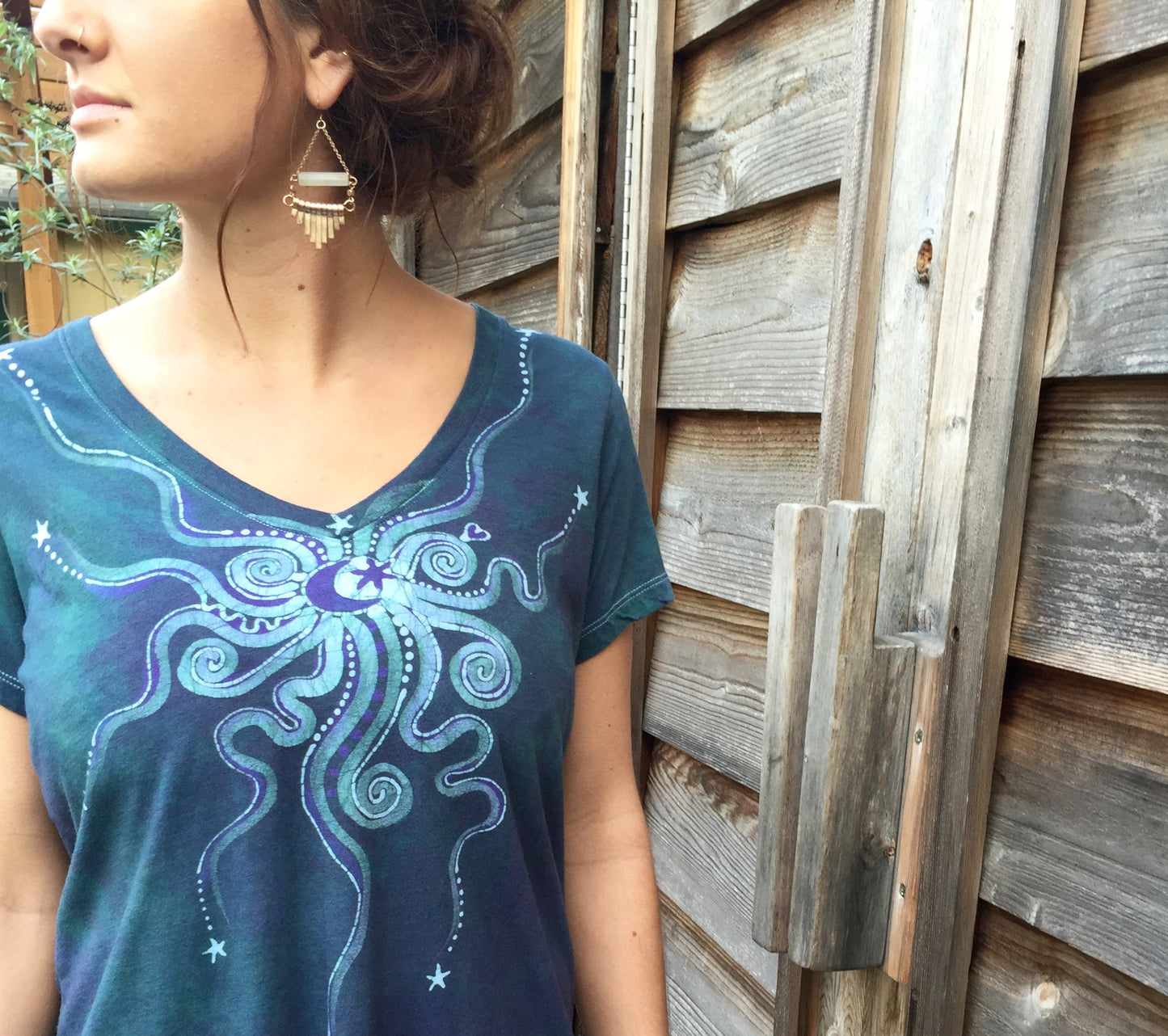 Light Teal Moon Star Handmade Batik Vneck Tee - Batikwalla
- 3