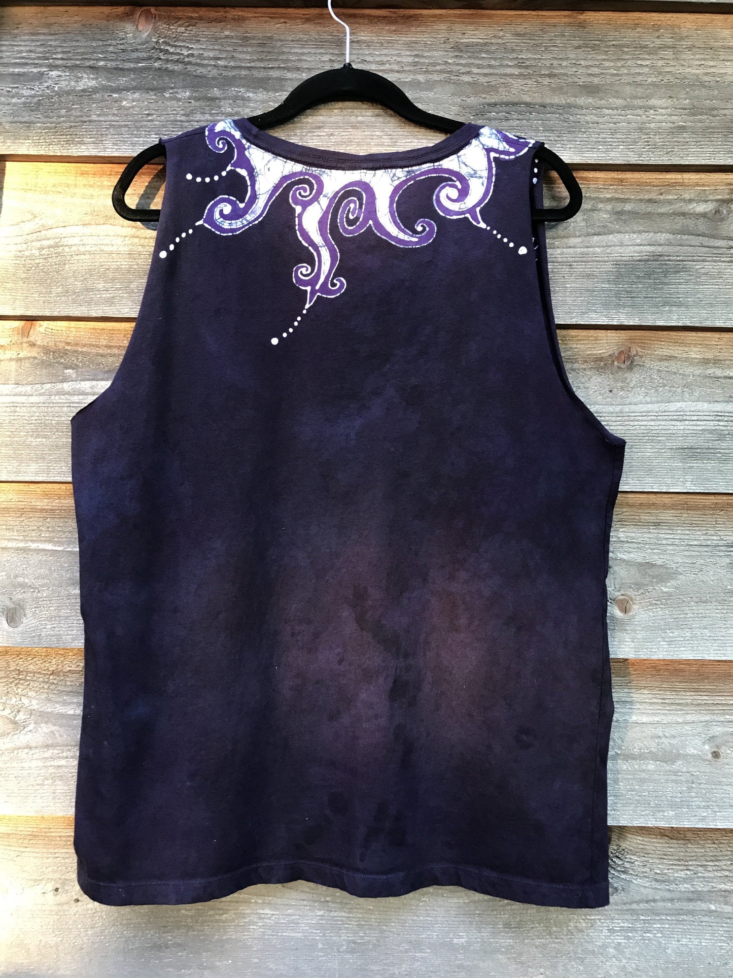 Purple and Navy Swirly Curls Handmade Batik Summer Shoulders Tank Top - Size Large