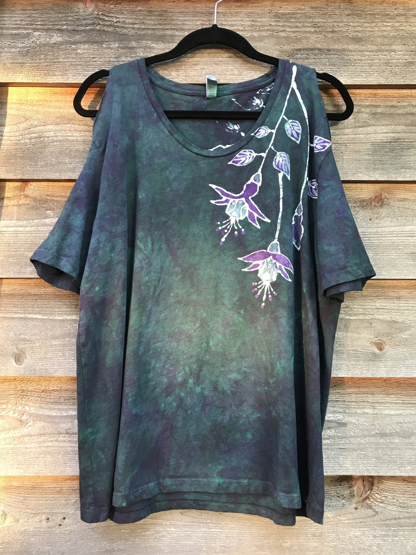Teal and Purple Fuchsias Are Pretty Handmade Batik Summer Shoulders Tshirt - Size Large