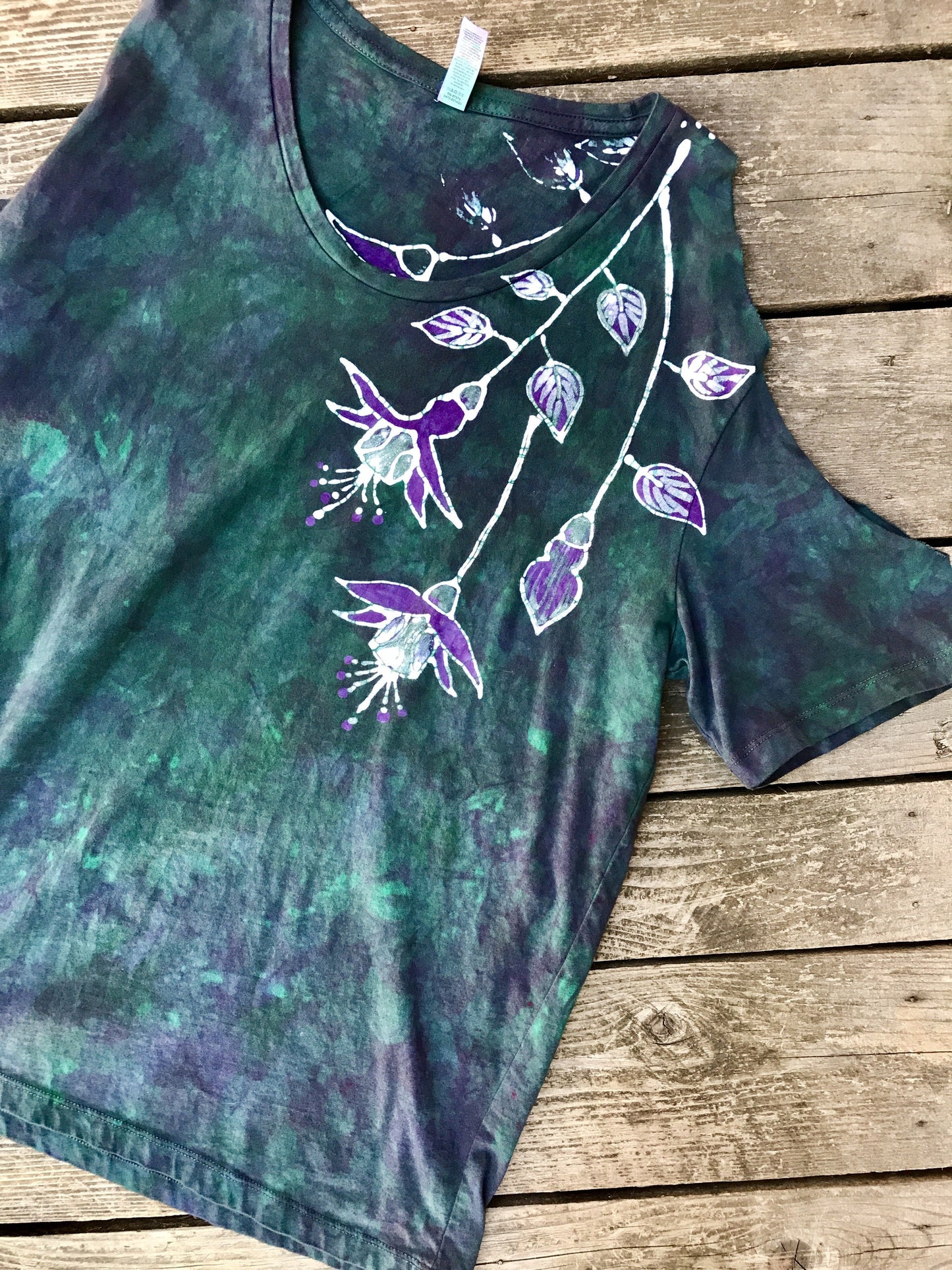 Teal and Purple Fuchsias Are Pretty Handmade Batik Summer Shoulders Tshirt - Size Large