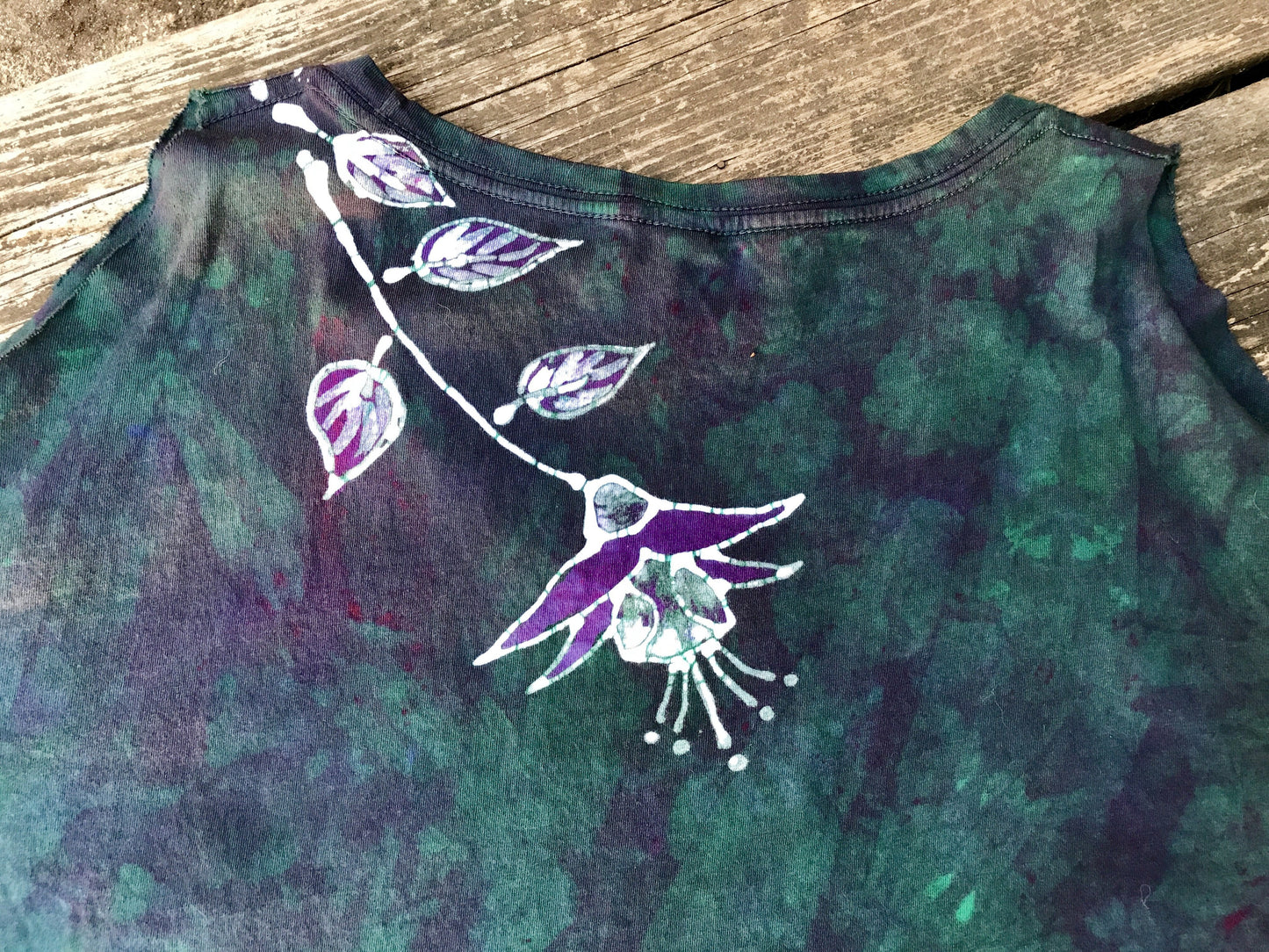 Teal and Purple Fuchsias Are Pretty Handmade Batik Summer Shoulders Tshirt - Size Large