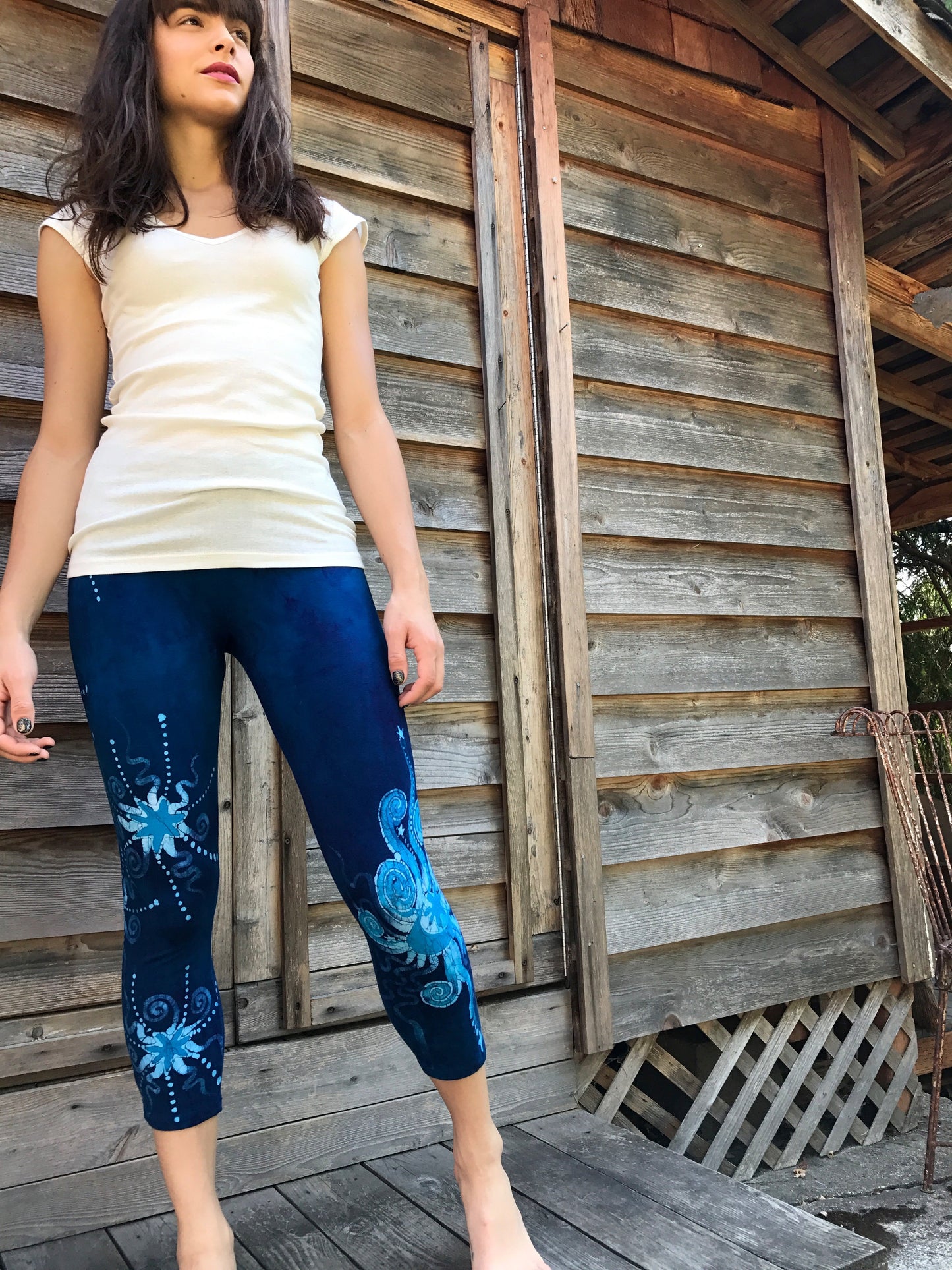 Blue on Blue Star Batik CAPRI Leggings - Size Small and XS ONLY