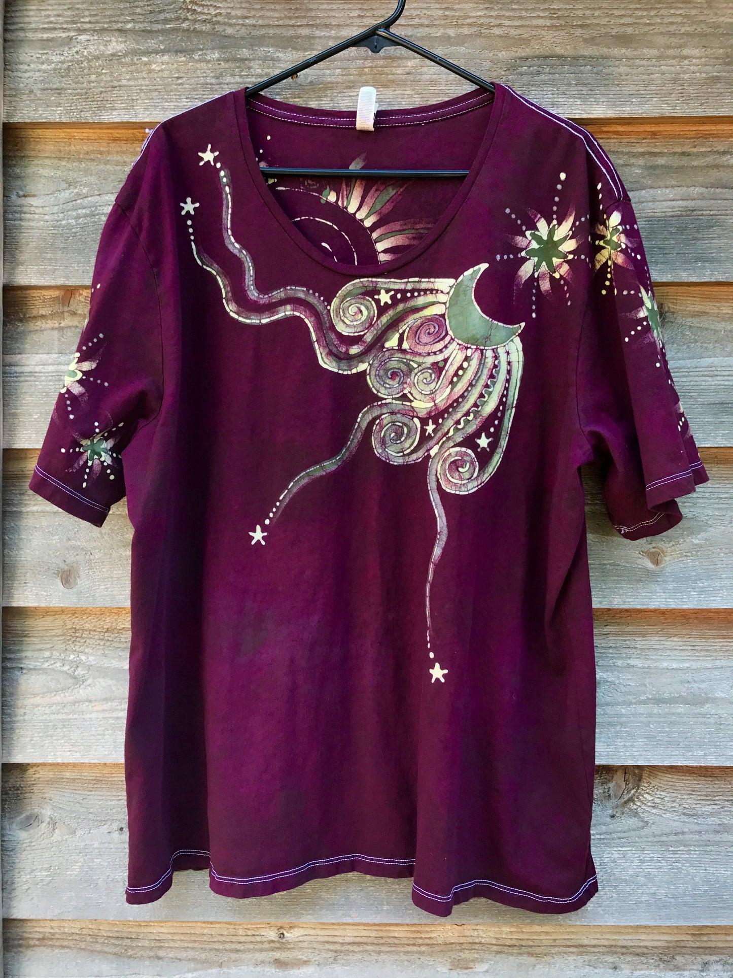 Burgundy Sage Moonbeams Handmade Batik Scoop Neck Tee