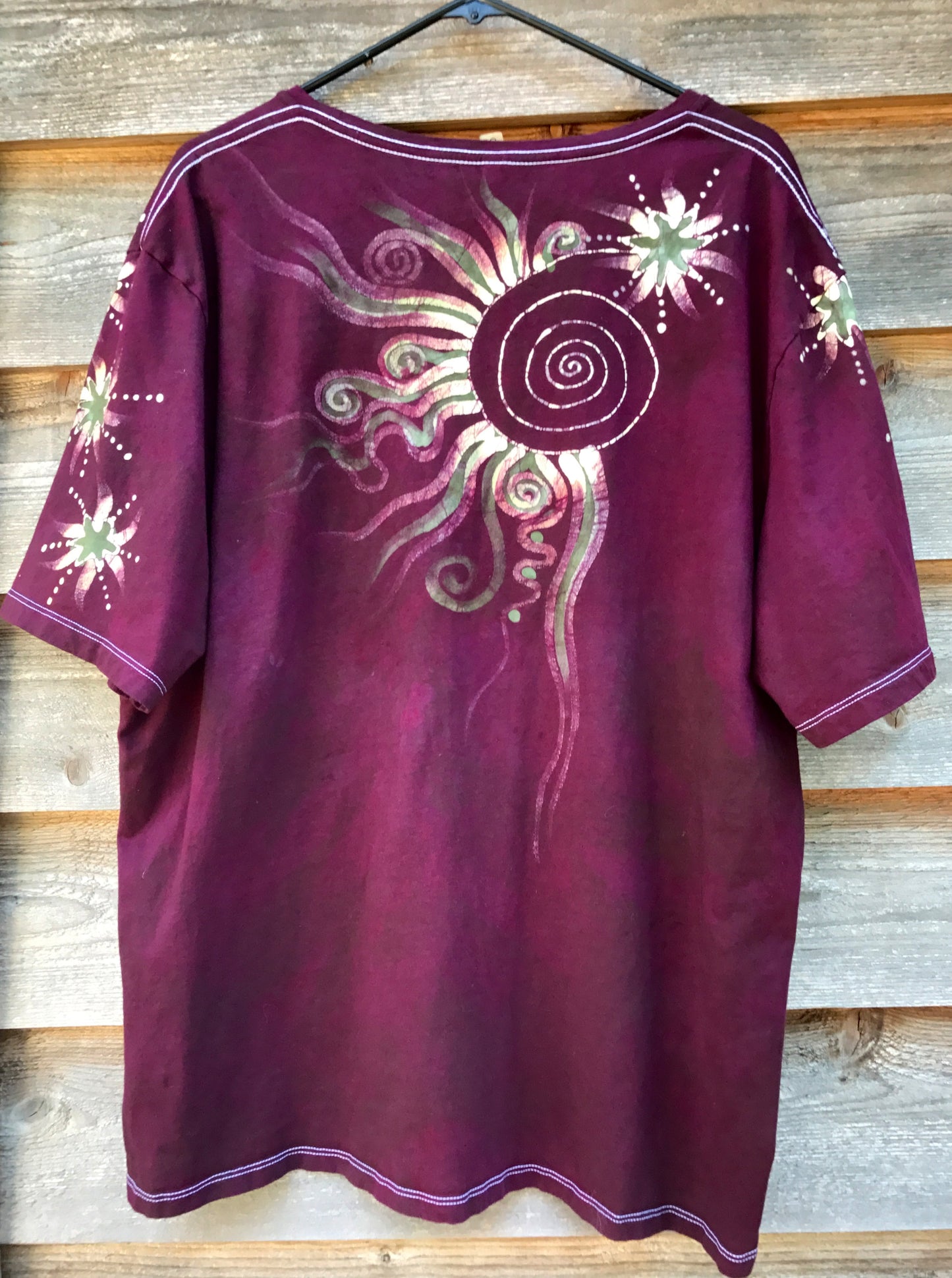 Burgundy Sage Moonbeams Handmade Batik Scoop Neck Tee
