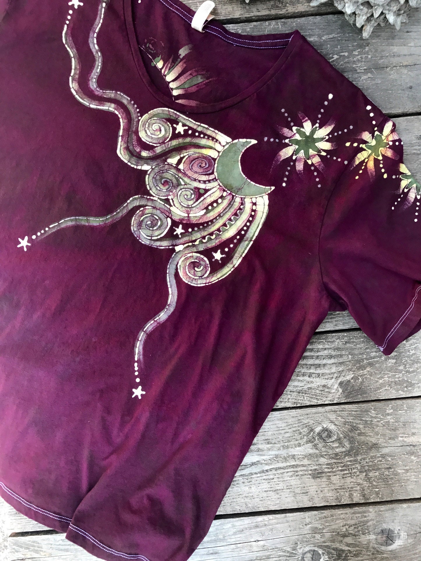 Burgundy Sage Moonbeams Handmade Batik Scoop Neck Tee