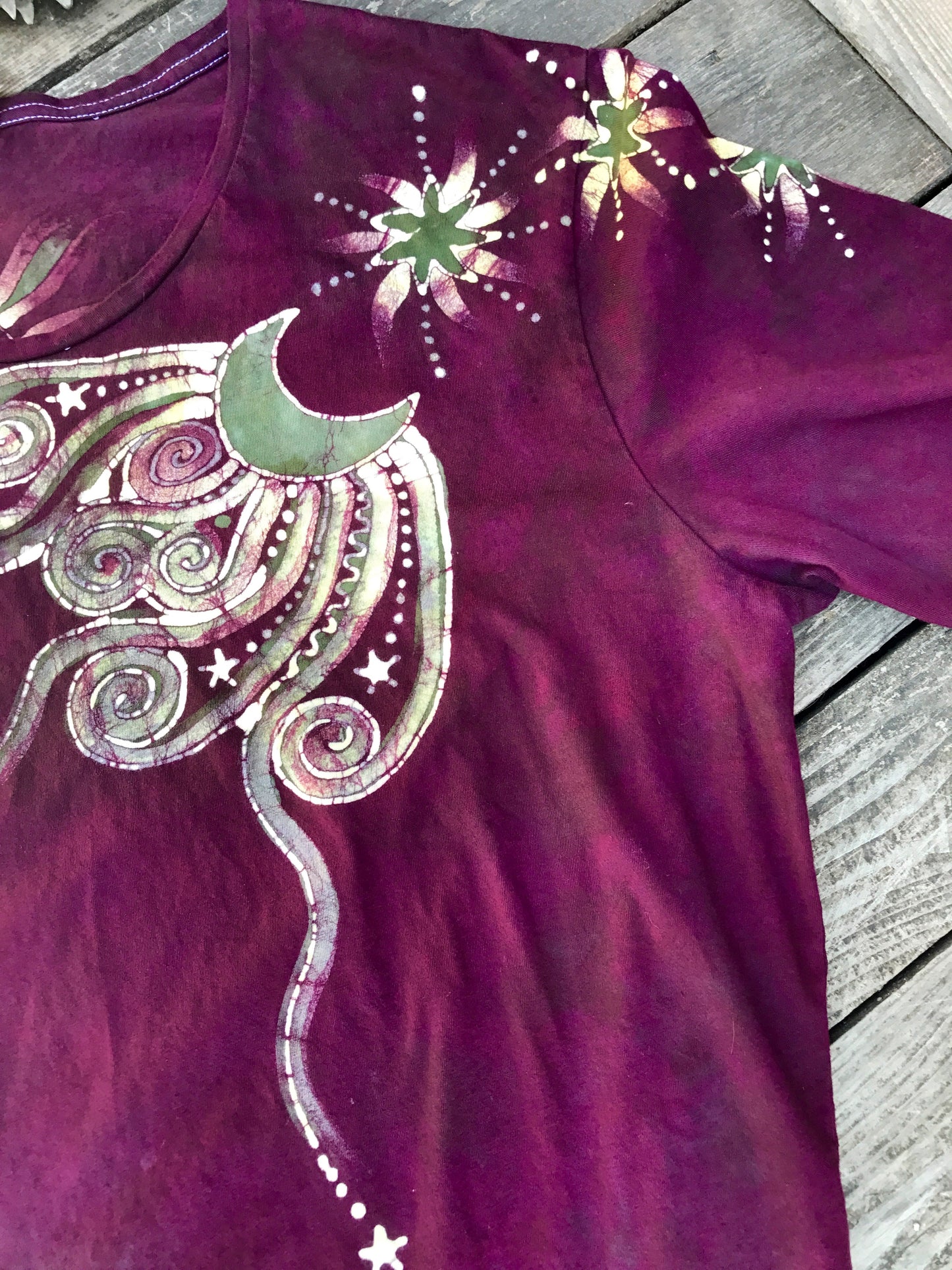 Burgundy Sage Moonbeams Handmade Batik Scoop Neck Tee
