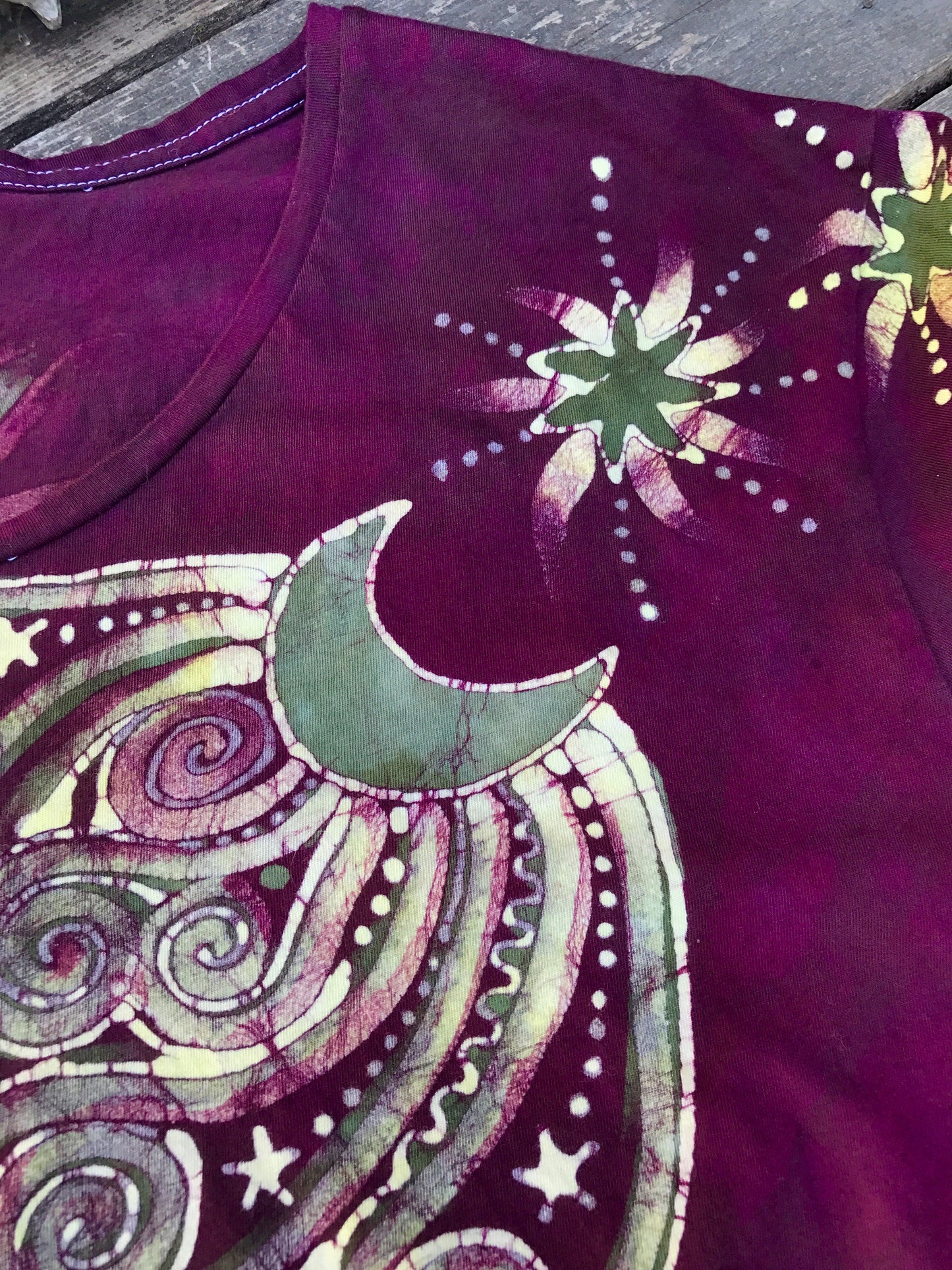 Burgundy Sage Moonbeams Handmade Batik Scoop Neck Tee