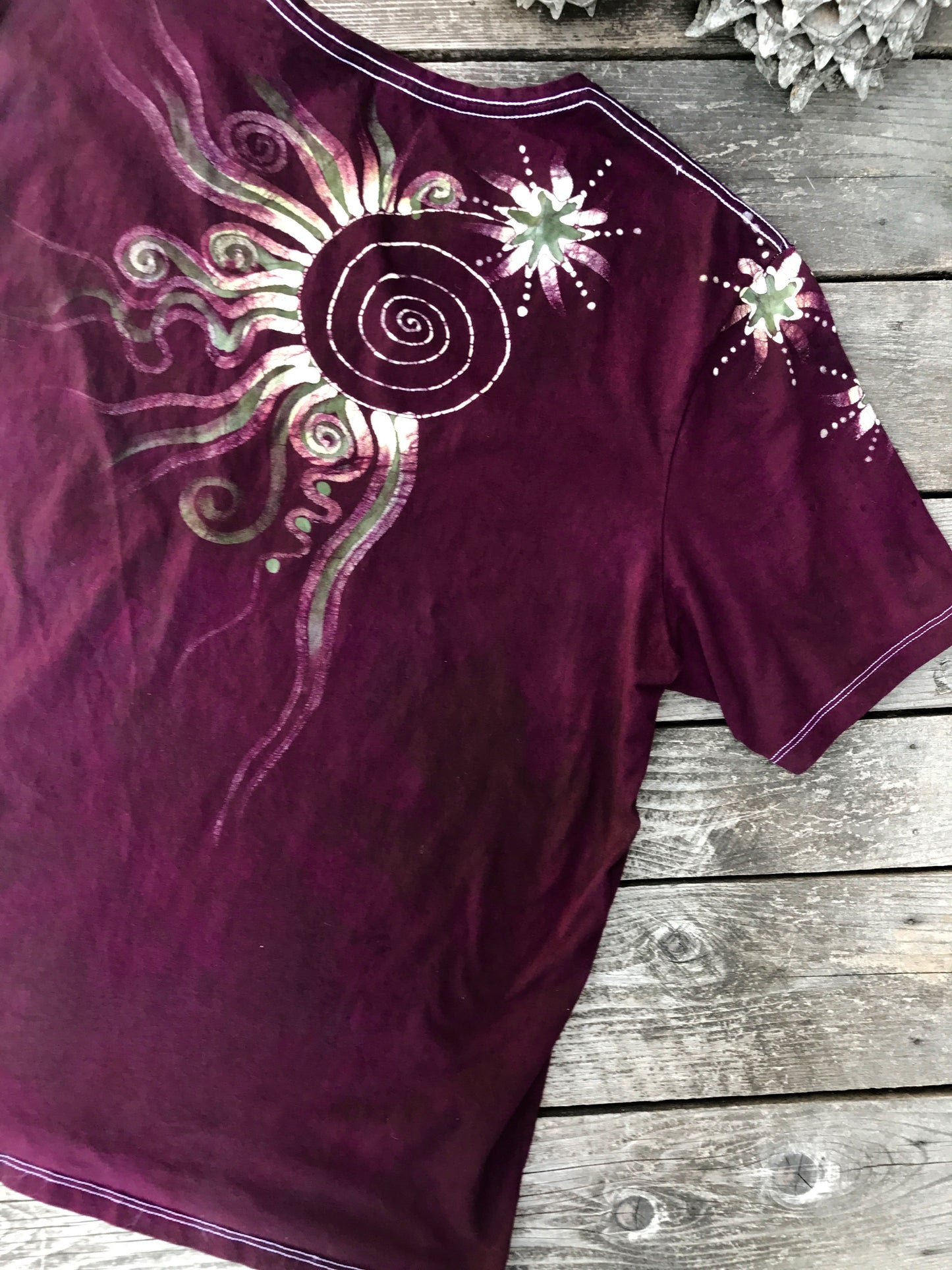 Burgundy Sage Moonbeams Handmade Batik Scoop Neck Tee