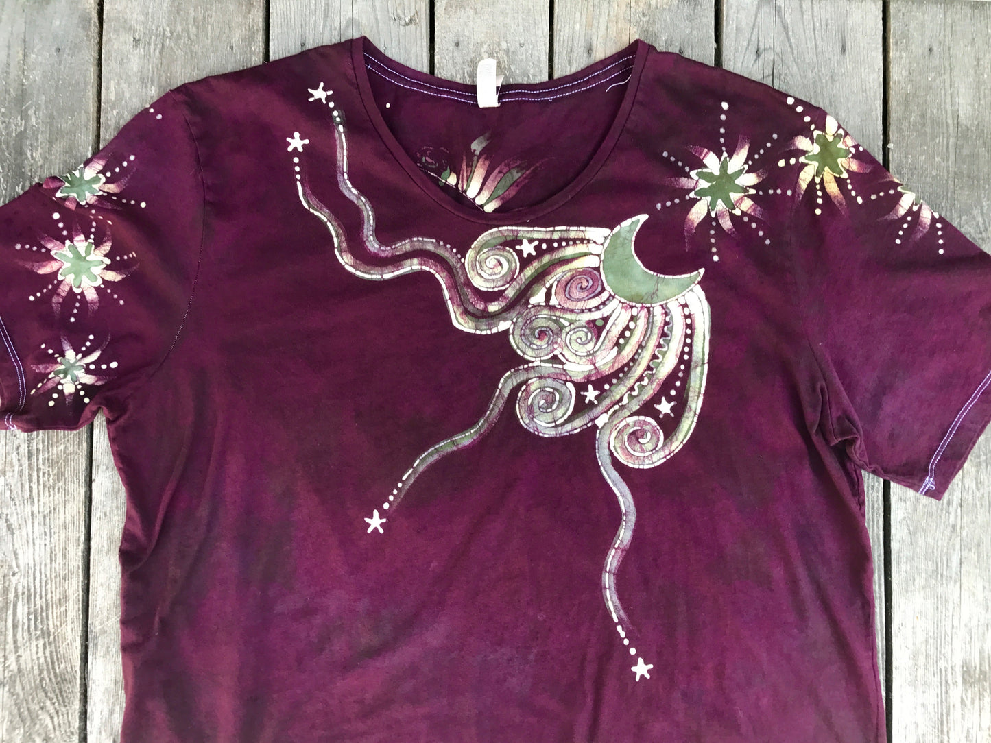 Burgundy Sage Moonbeams Handmade Batik Scoop Neck Tee