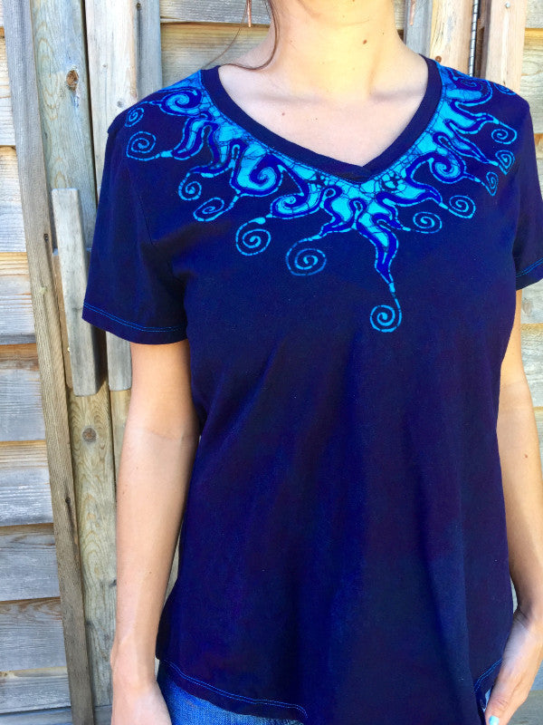 Purple and Turquoise Waves of Moonlight Handmade Batik Vneck Tee Tops batikwalla