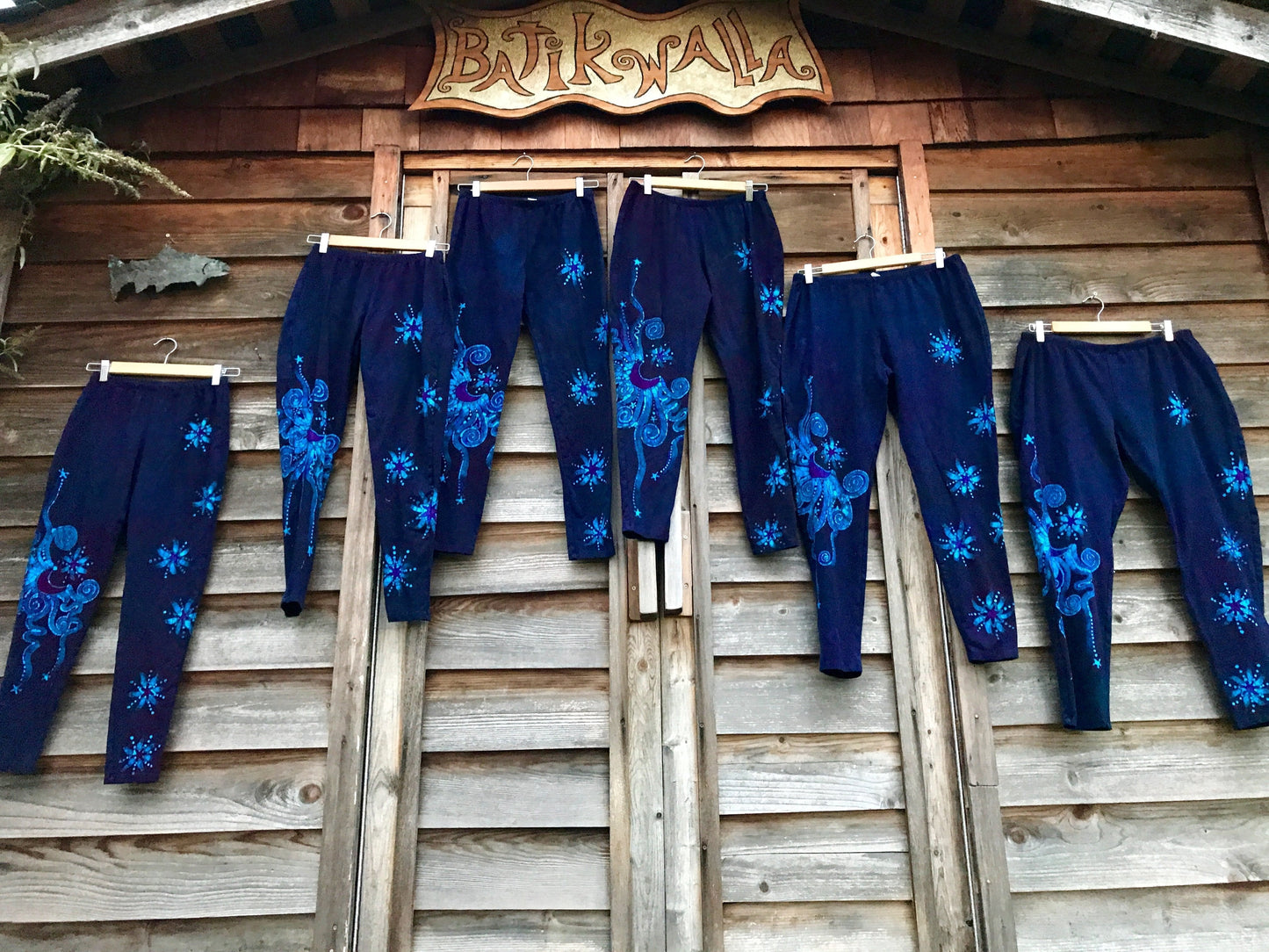 Deep Purple and Turquoise Moon and Star Batik Leggings - Size LARGE leggings batikwalla