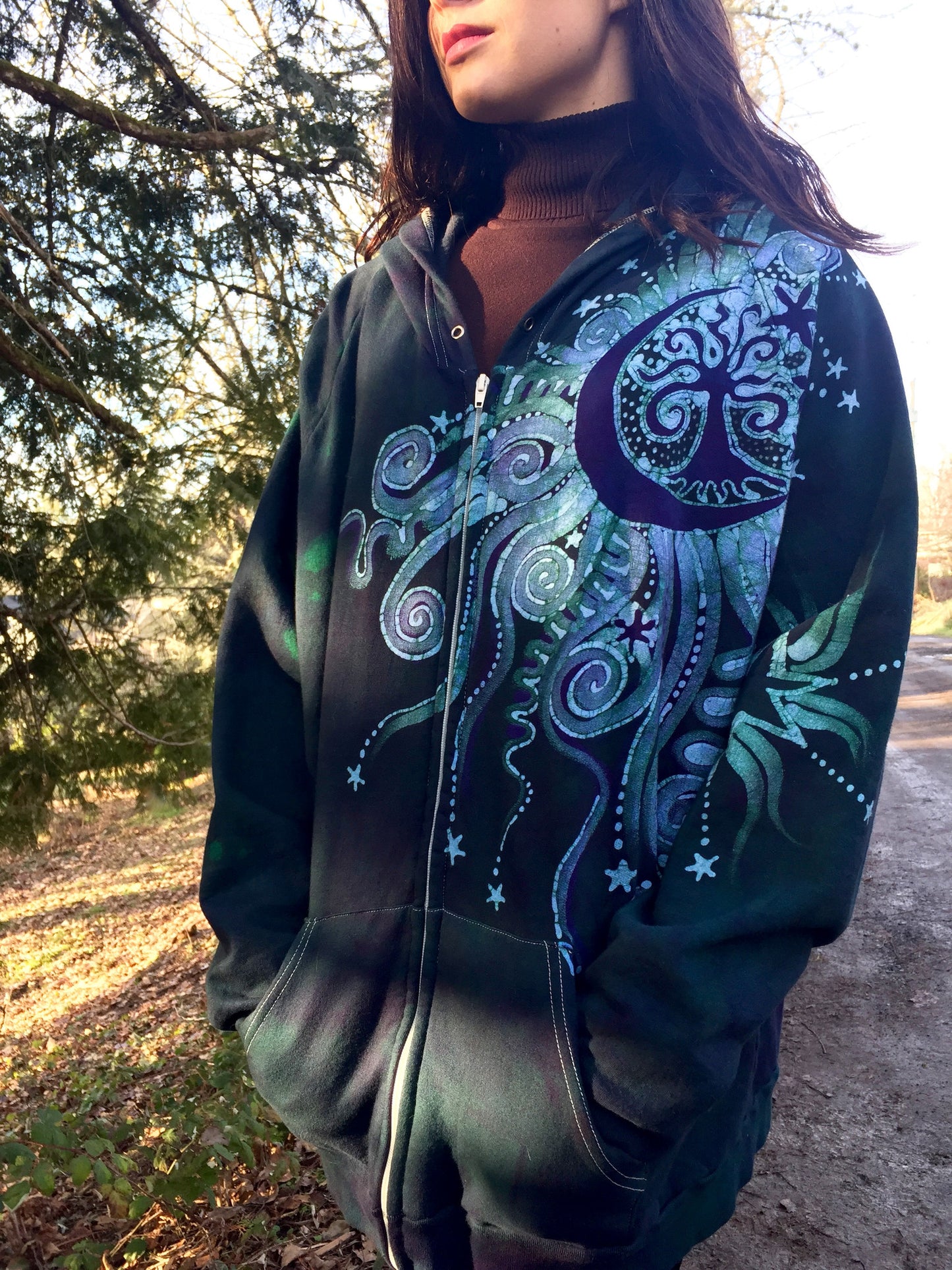 Teal and Purple Tree Moon Organic Cotton Batik Hoodie - Batikwalla
- 4