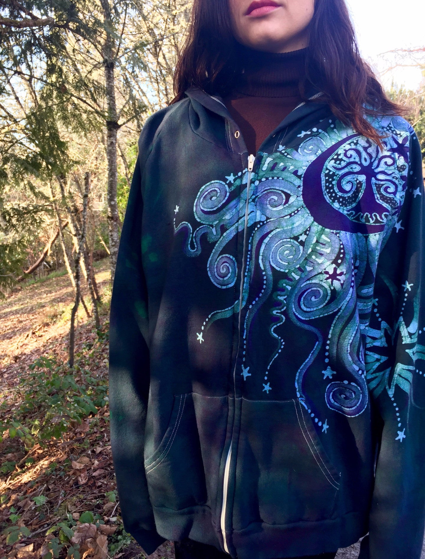 Teal and Purple Tree Moon Organic Cotton Batik Hoodie - Batikwalla
- 5