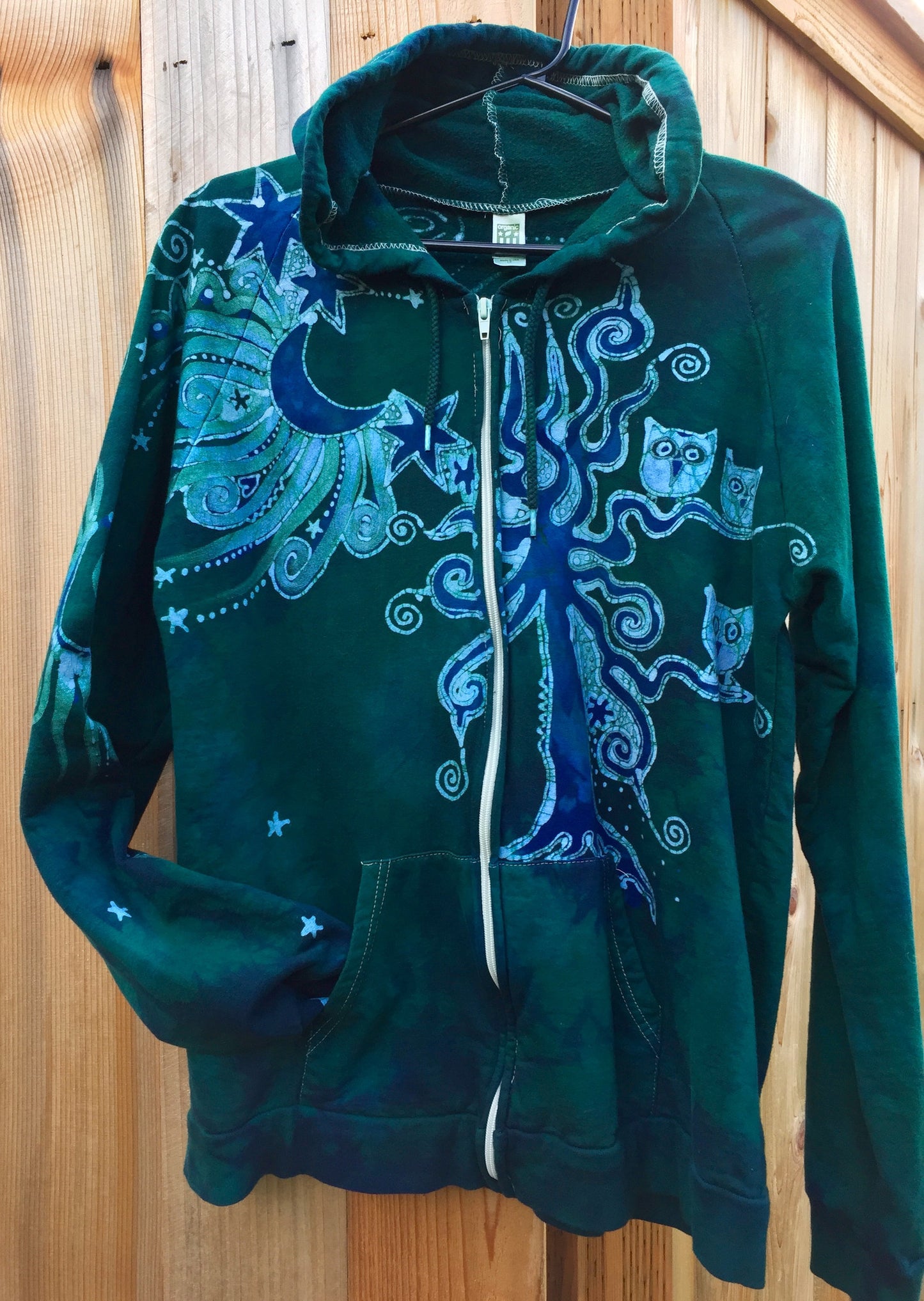 Spring Green Owl Tree Organic Batik Hoodie - Unisex Size Large - Batikwalla
- 7