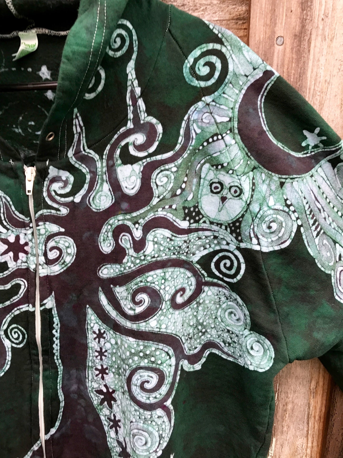 Forest Green Owl Hideaway Batik Hoodie Jacket - 2X or Large Unisex