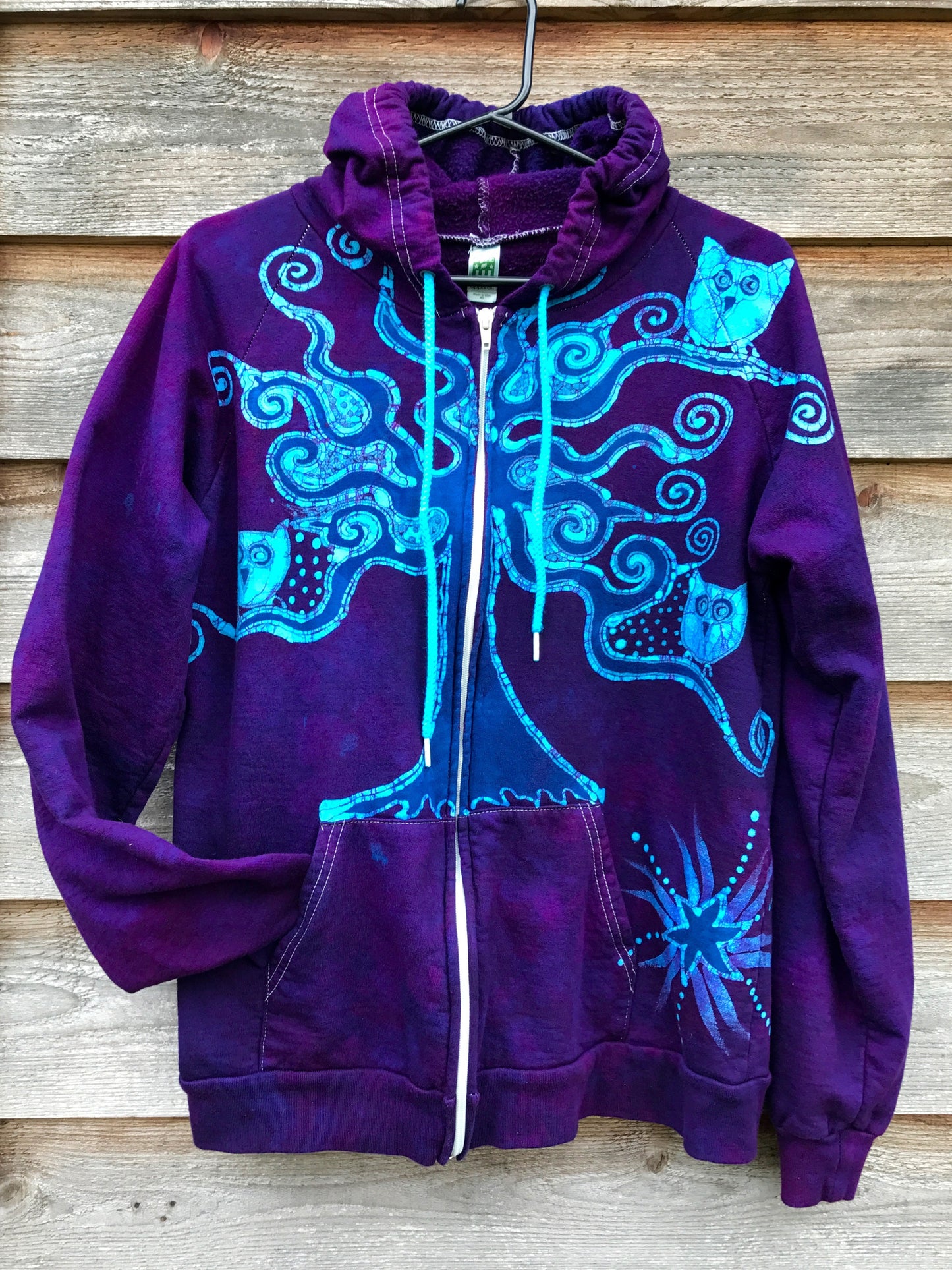 Owls In A Purple Tree Organic Cotton Batik Hoodie