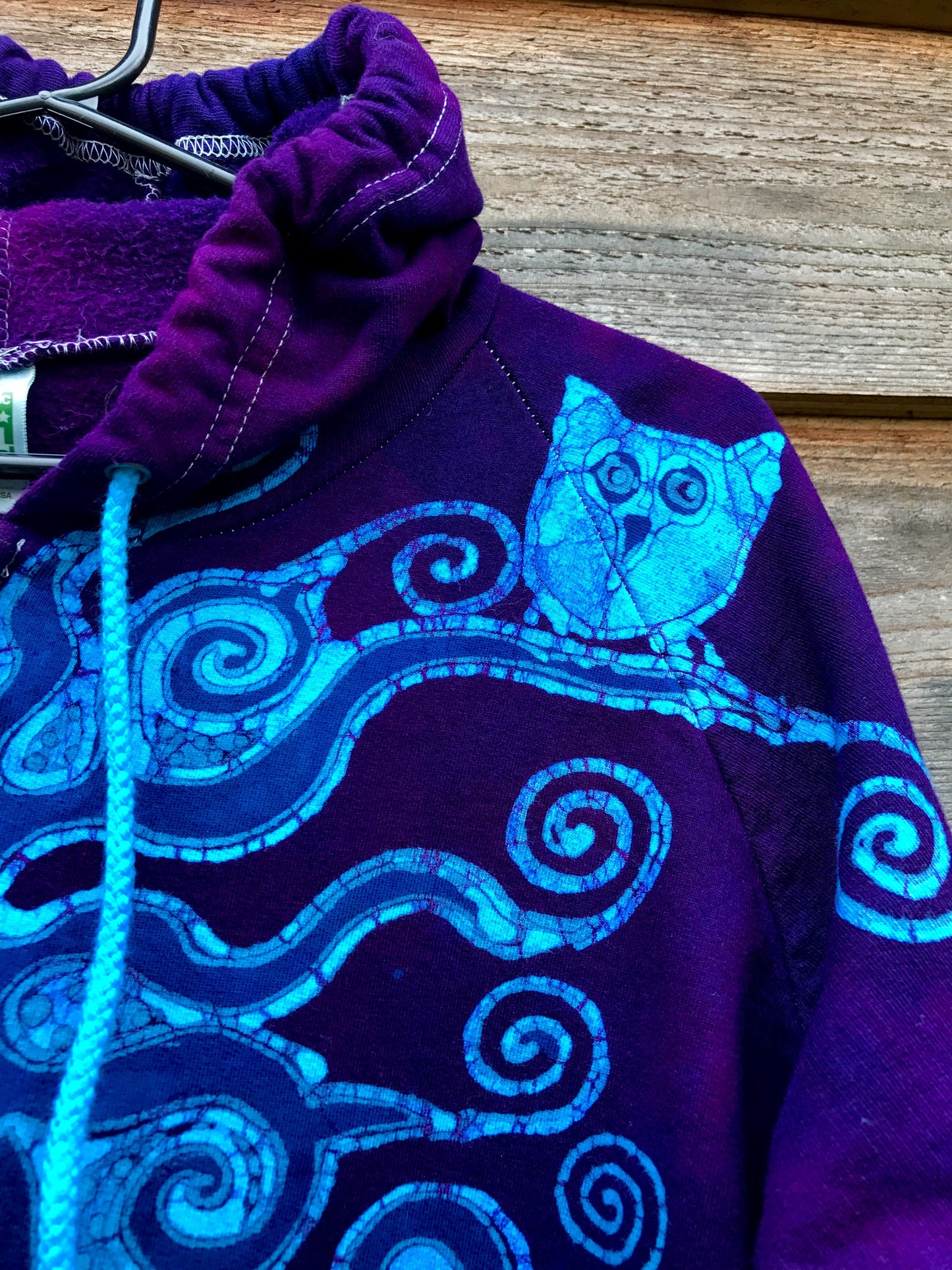 Owls In A Purple Tree Organic Cotton Batik Hoodie