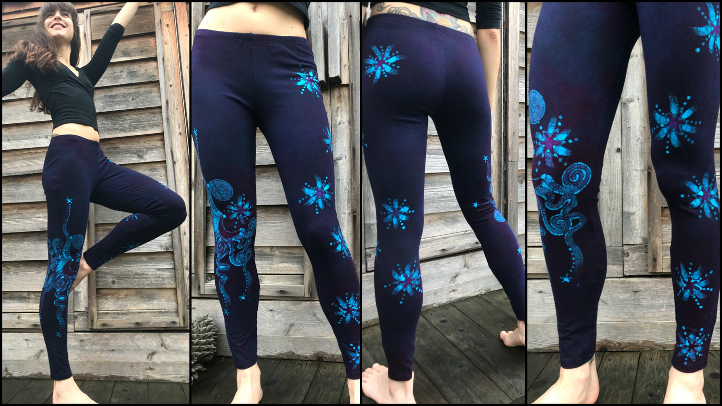 Deep Purple and Turquoise Moon & Star Batikwalla Yoga Leggings - SIZE XS leggings batikwalla