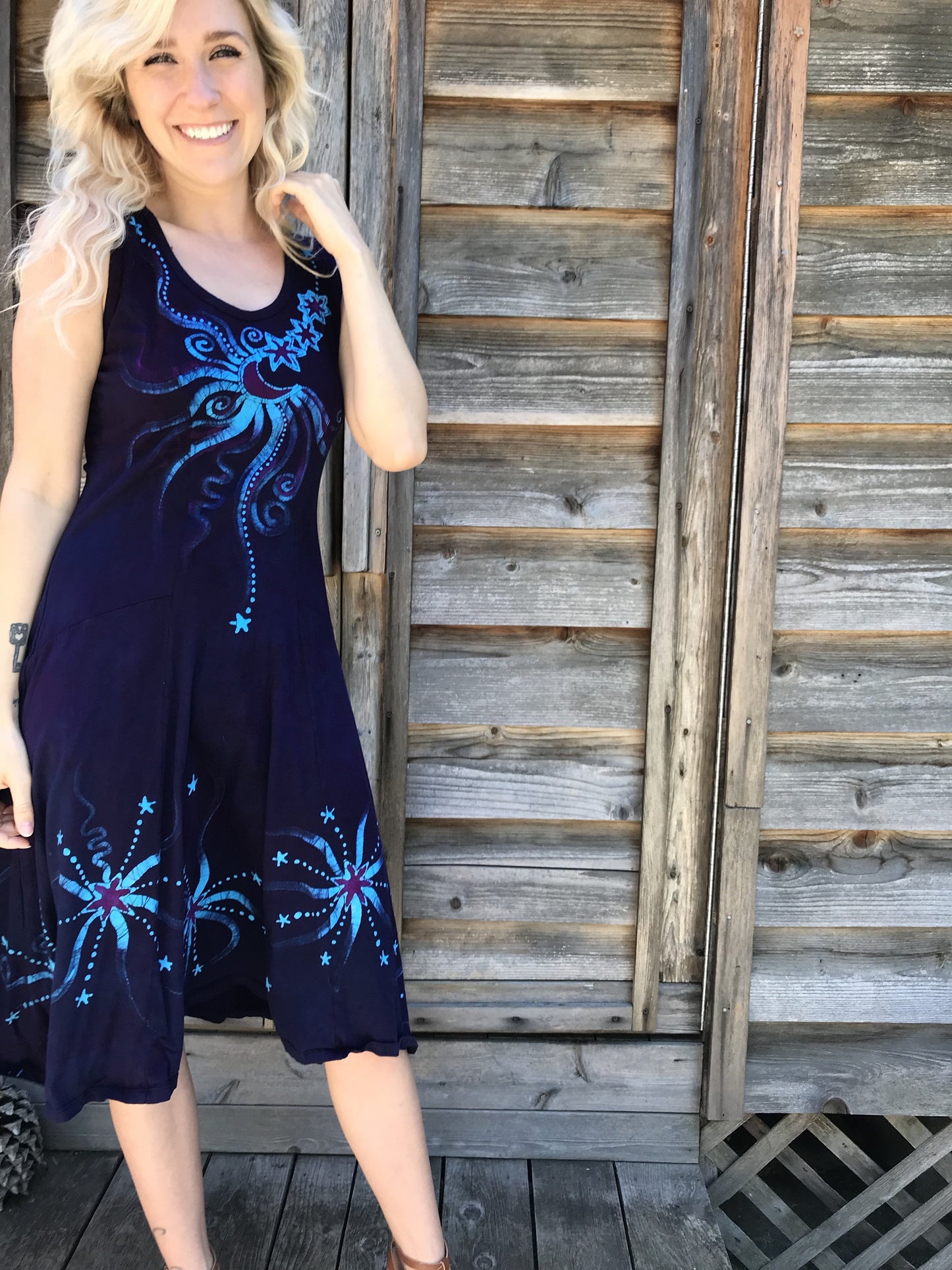 Midnight Moonbeams & Purple Starglow Boho Batik Summer Dress Batik Dresses Batikwalla