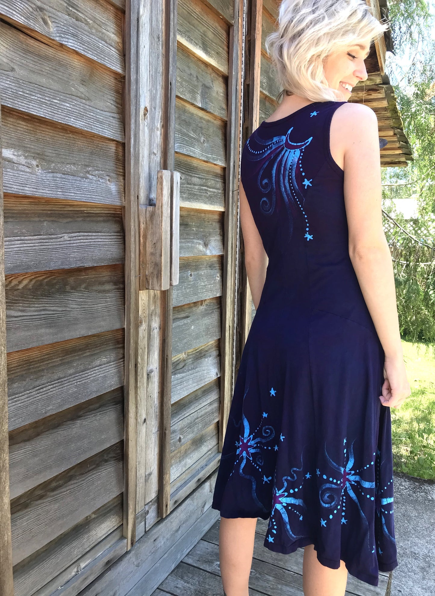 Midnight Moonbeams & Purple Starglow Boho Batik Summer Dress Batik Dresses Batikwalla